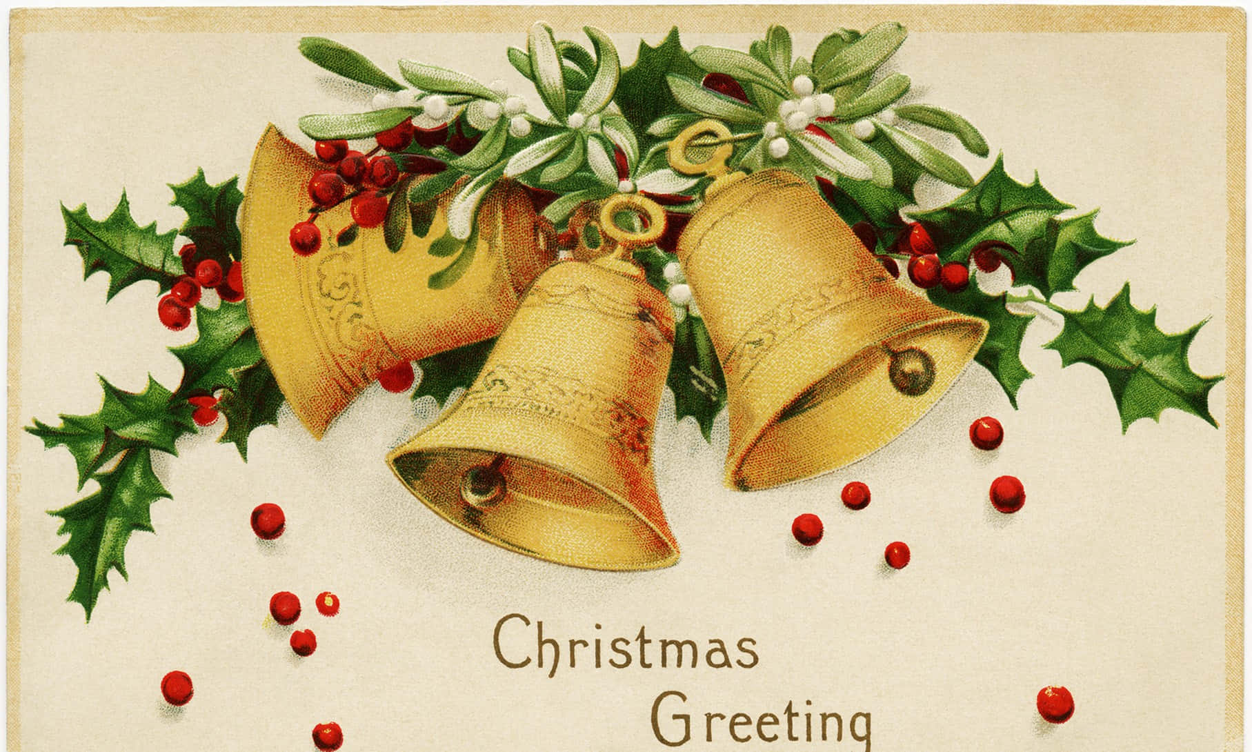 Vintage Christmas 桌布 壁紙 — 三個華麗的金色鈴鐺藏在冬青葉和紅莓之間，並帶有「Christmas Greeting」文字。