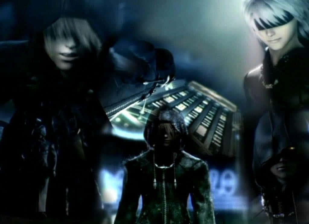 Kingdom Hearts Riku 桌布 壁紙 — 三個蒙眼動漫角色站在一個黑暗、未來感十足的場景中，周圍有發光的藍色面板和霧氣繚繞。