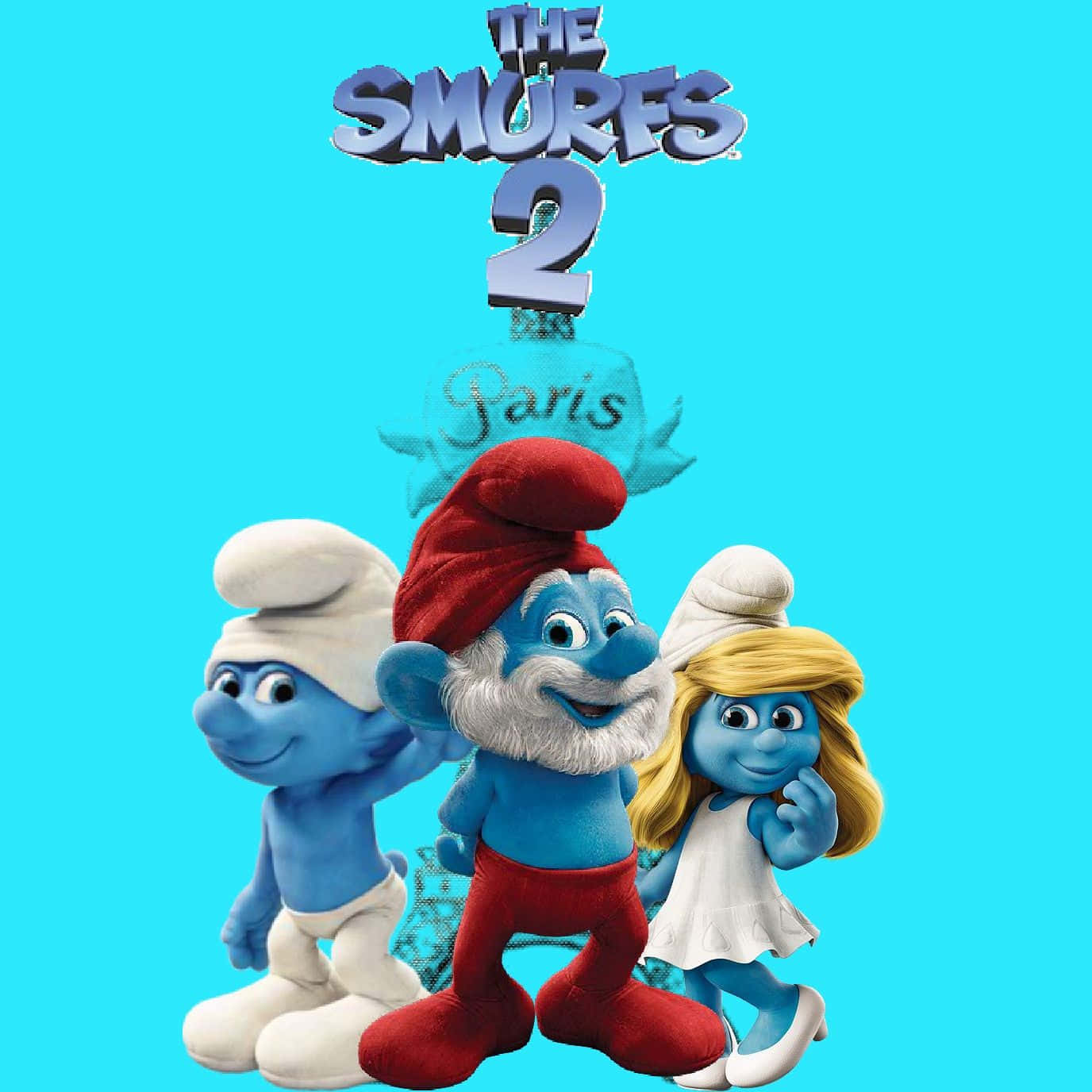 Cartoon Poster 桌布 壁紙 — 三個藍精靈角色站在明亮的藍色背景前，上方有『The Smurfs 2 Paris』標誌。