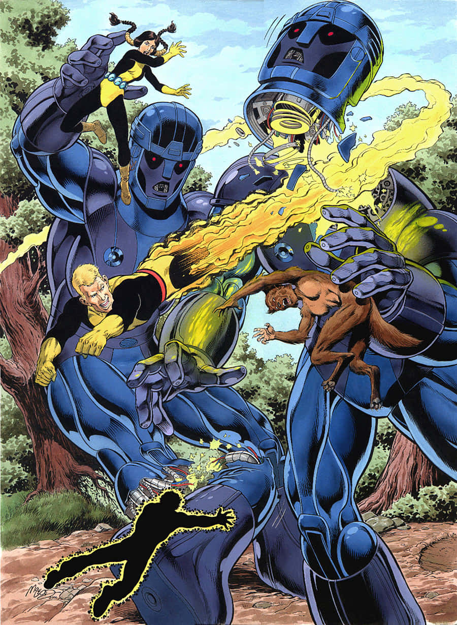 Mutants 桌布 壁紙 — 三個藍色裝甲機械人在森林中釋放黃色能量爆炸，同時與一名女子和一隻狗戰鬥。