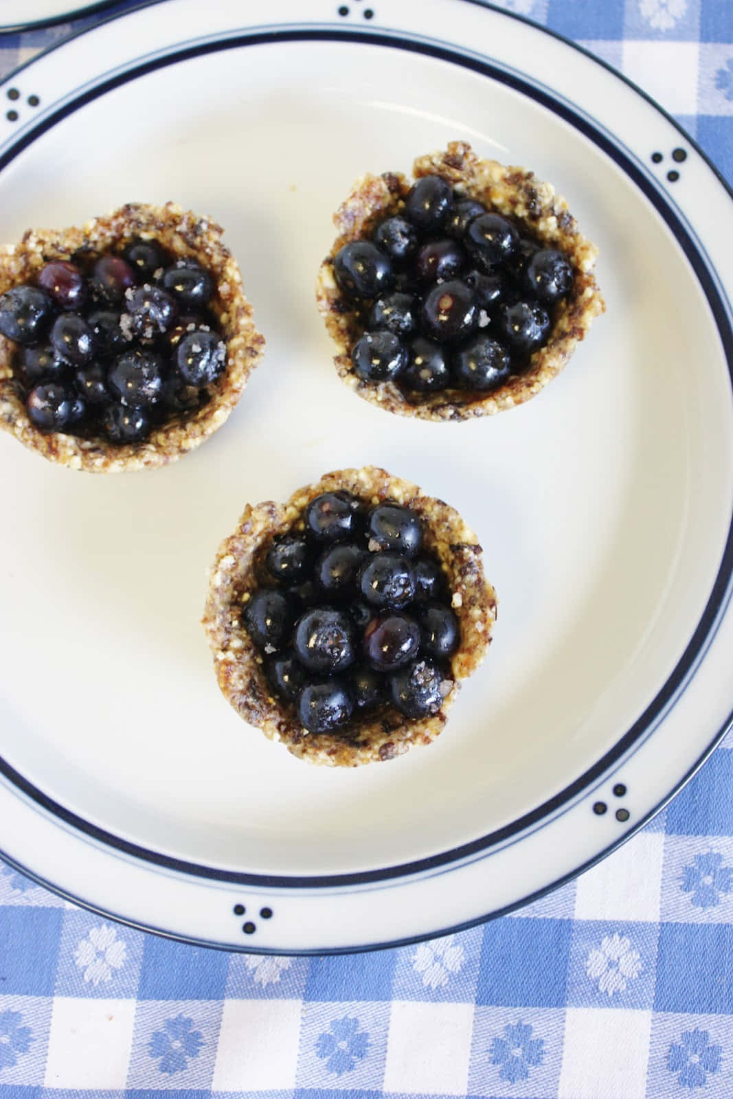 Blueberries Tart 桌布 壁紙 — 三個藍莓撻，帶有酥脆的撻皮，放在一個帶有海軍藍邊的白色碟子上，置於藍白格仔枱布上。