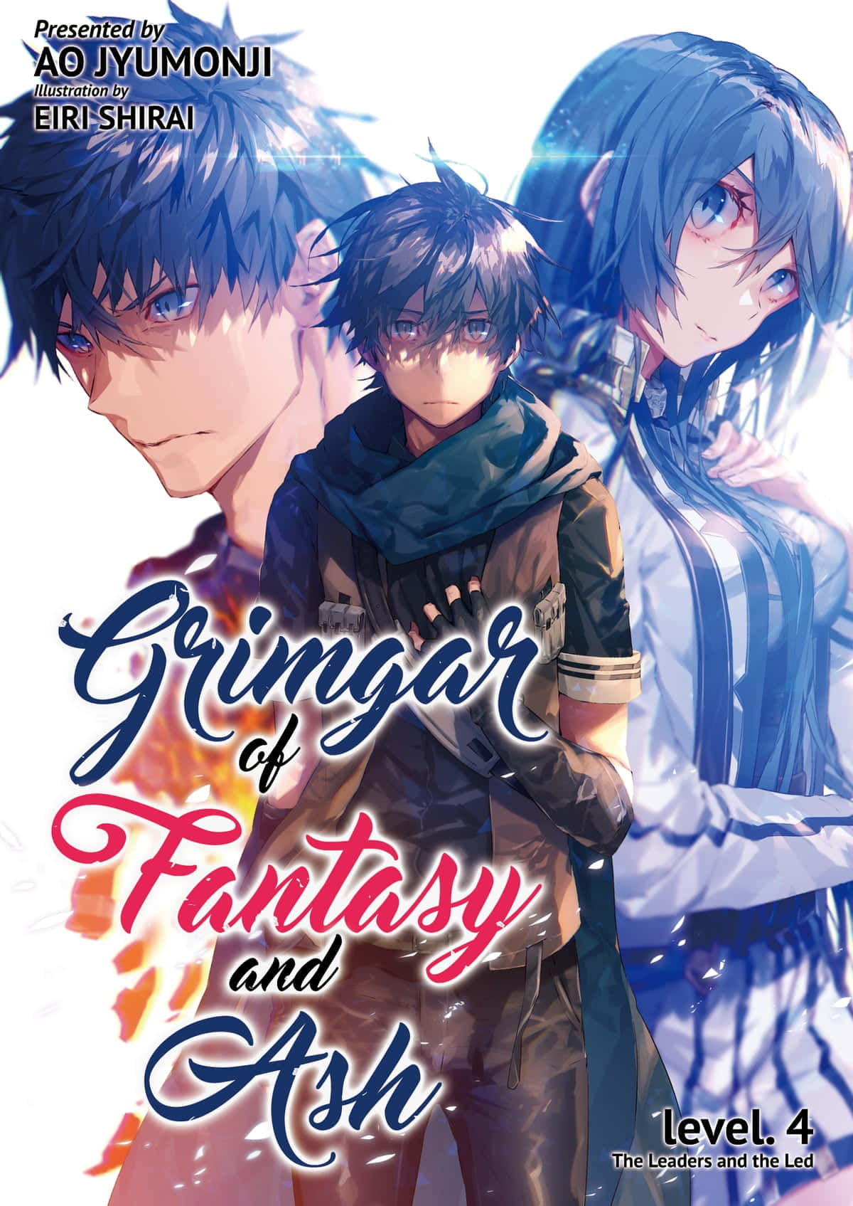 Grimgar Of Fantasy And Ash 桌布 壁紙 — 三個藍髮且眼神銳利的動漫角色，站在帶有火橙色點綴和風格化文字的明亮背景前。