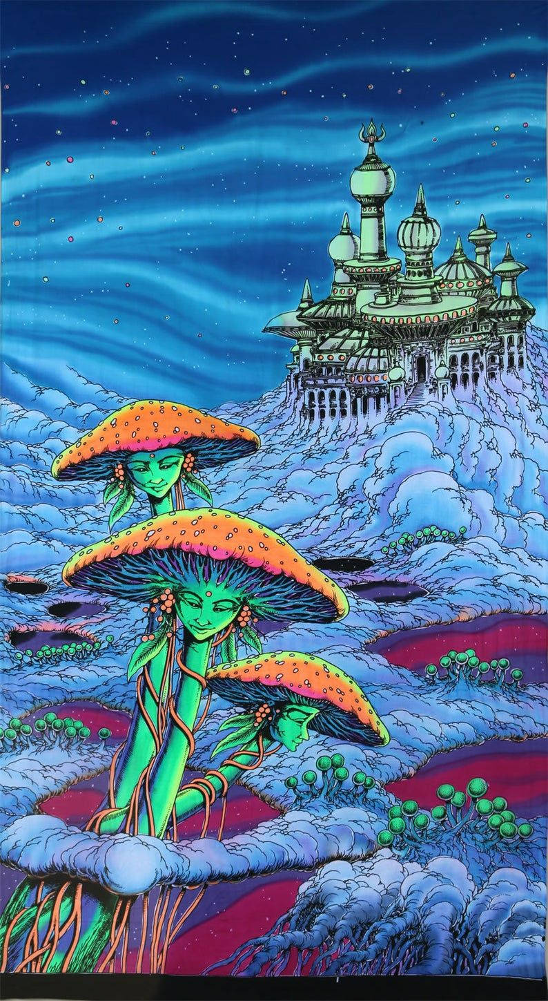 迷幻 桌布 壁紙 — 三個蘑菇頭、發光綠色皮膚的人物站在一個漂浮的城堡前，背景是星空藍天。