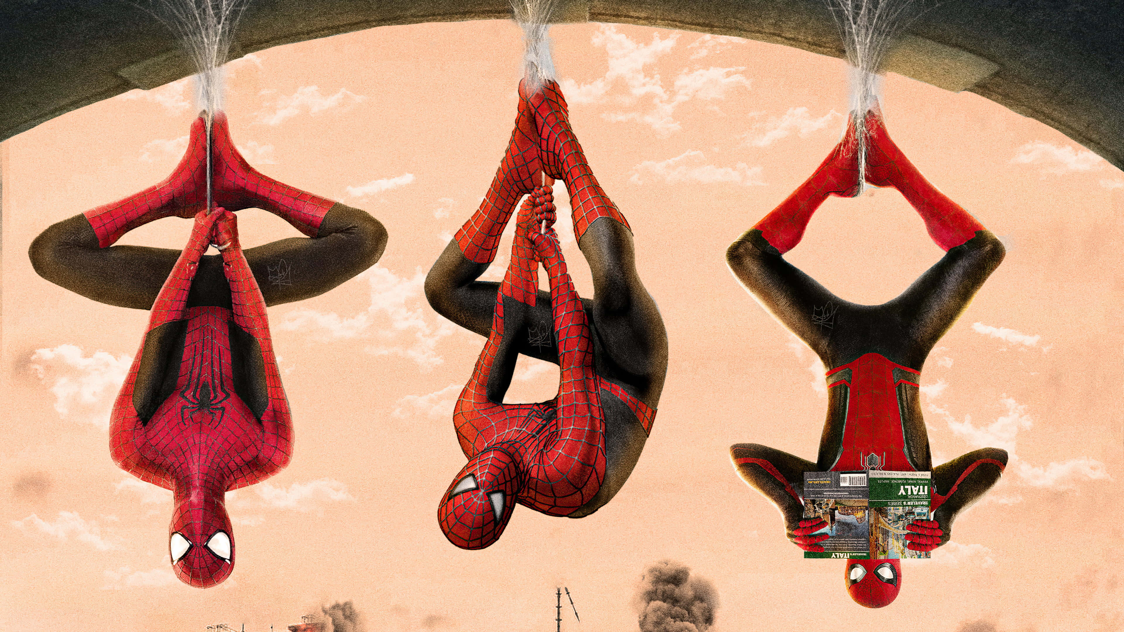 Spider Man No Way Home 桌布 壁紙 — 三個蜘蛛俠角色倒掛在橋拱上，背景係多雲嘅桃色天空。