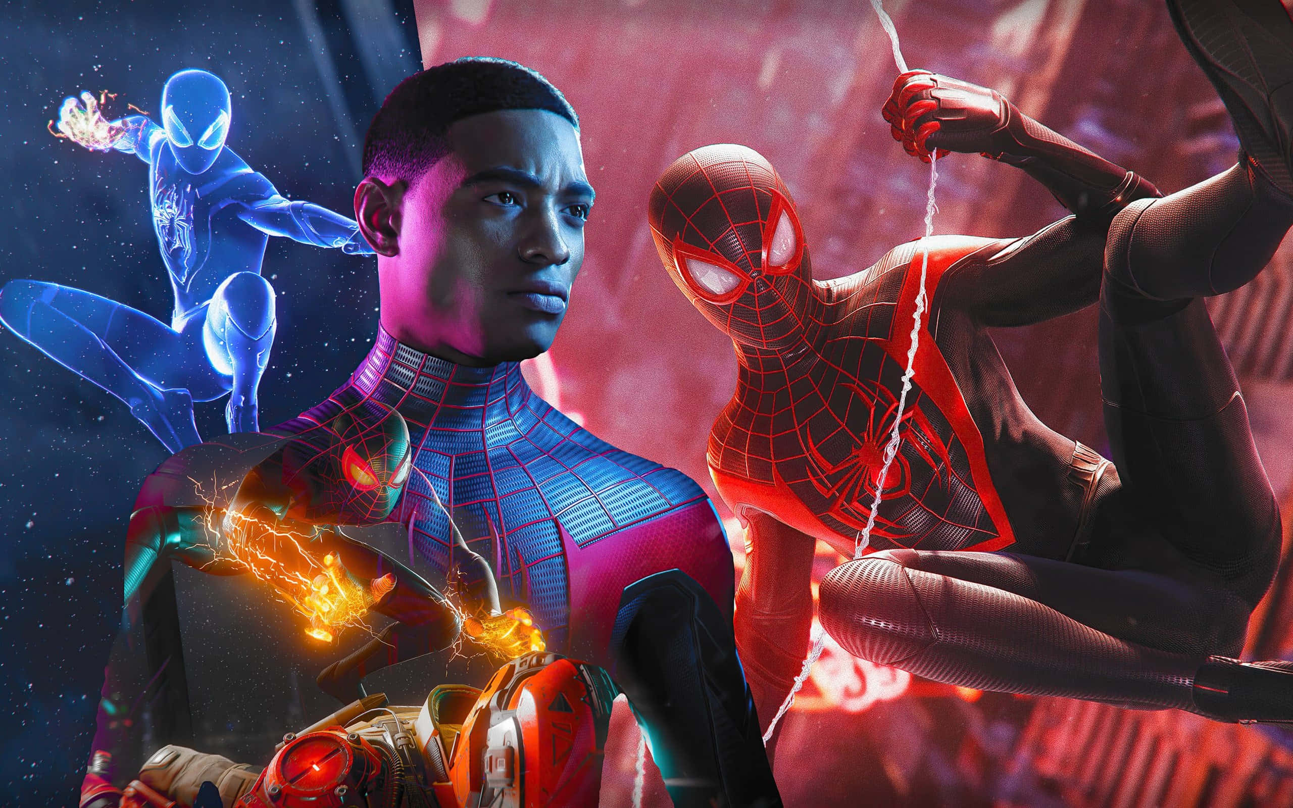 Miles Morales 動漫 桌布 壁紙 — 三個蜘蛛俠變體在宇宙背景下以動態姿勢展現，帶有發光能量效果。
