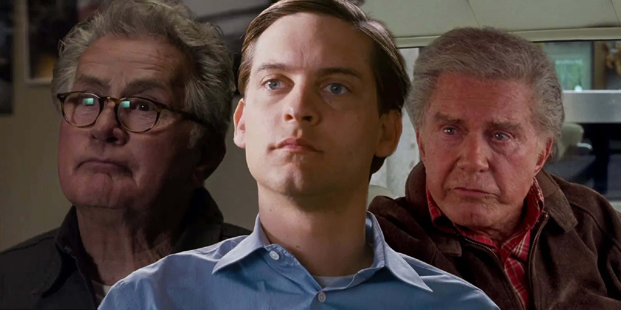 Uncle Ben 桌布 壁紙 — 三個表情嚴肅嘅男人喺昏暗嘅室內場景中向前望。