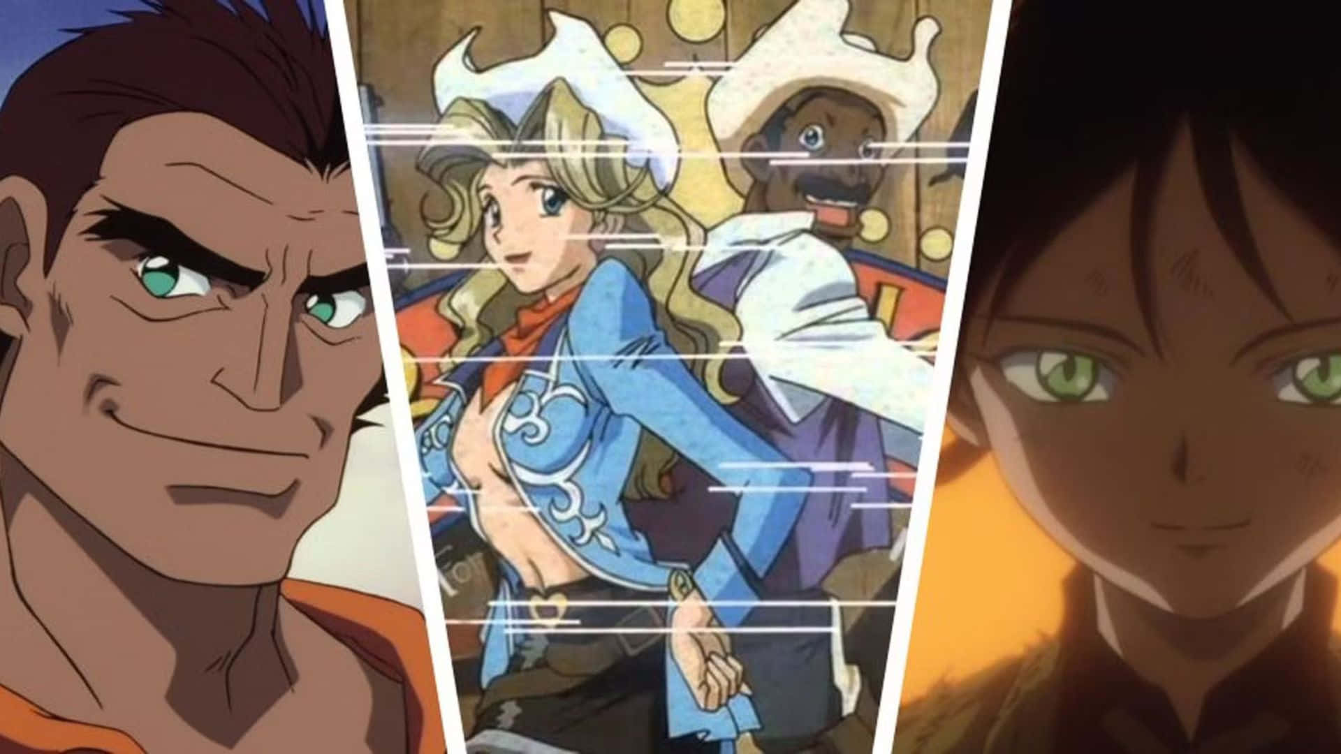 Cowboy Bebop Wen 桌布 壁紙 — 三個表情強烈、擁有鮮綠色眼睛的動漫角色，以動態特寫面板呈現。