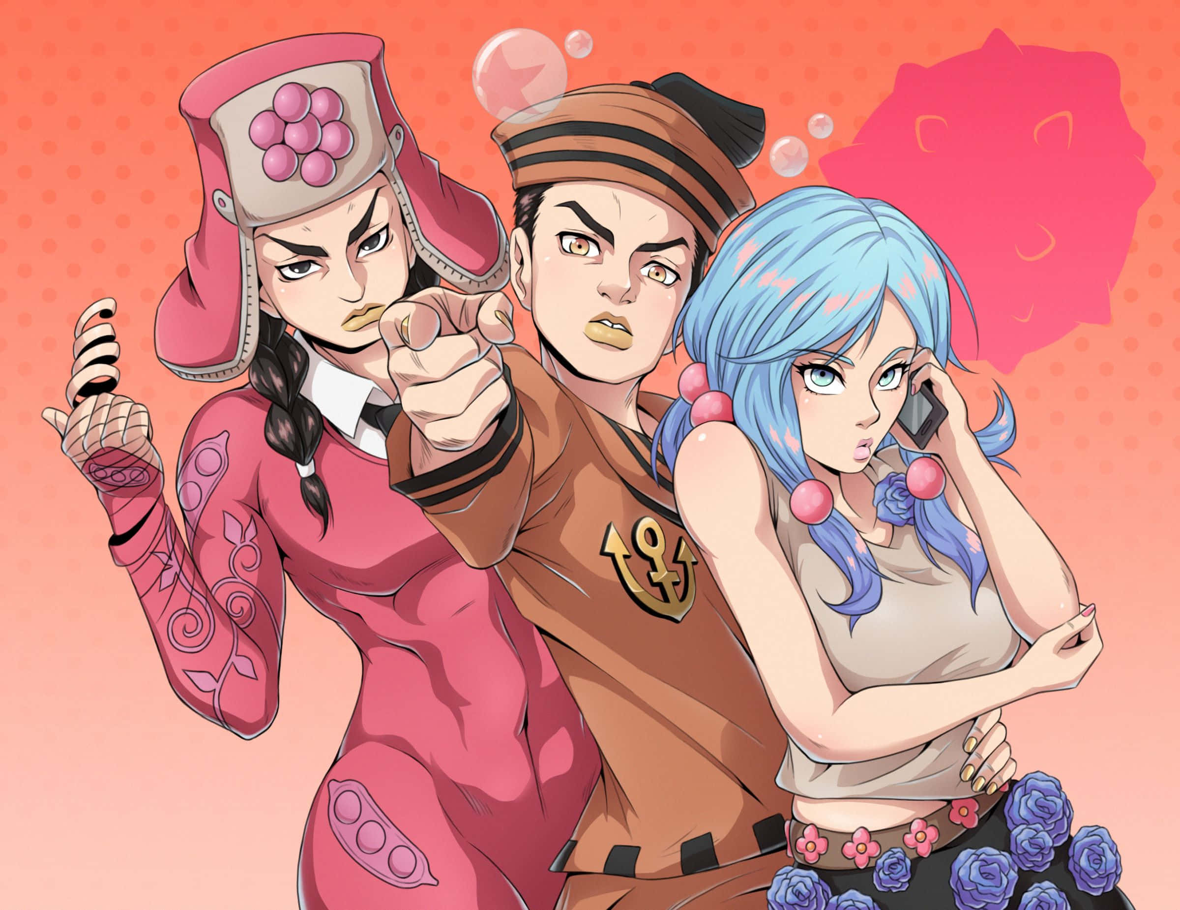 Jojolion 桌布 壁紙 — 三個表情強烈的動漫角色在充滿浮動氣泡的鮮豔粉紅色背景前戲劇性地擺姿勢。