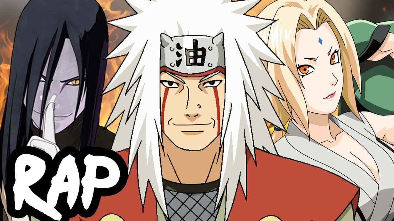 Legendary Sannin 桌布 壁紙 — 三個表情強烈的動漫角色站在火熱的背景前，帶有粗體的「RAP」文字。