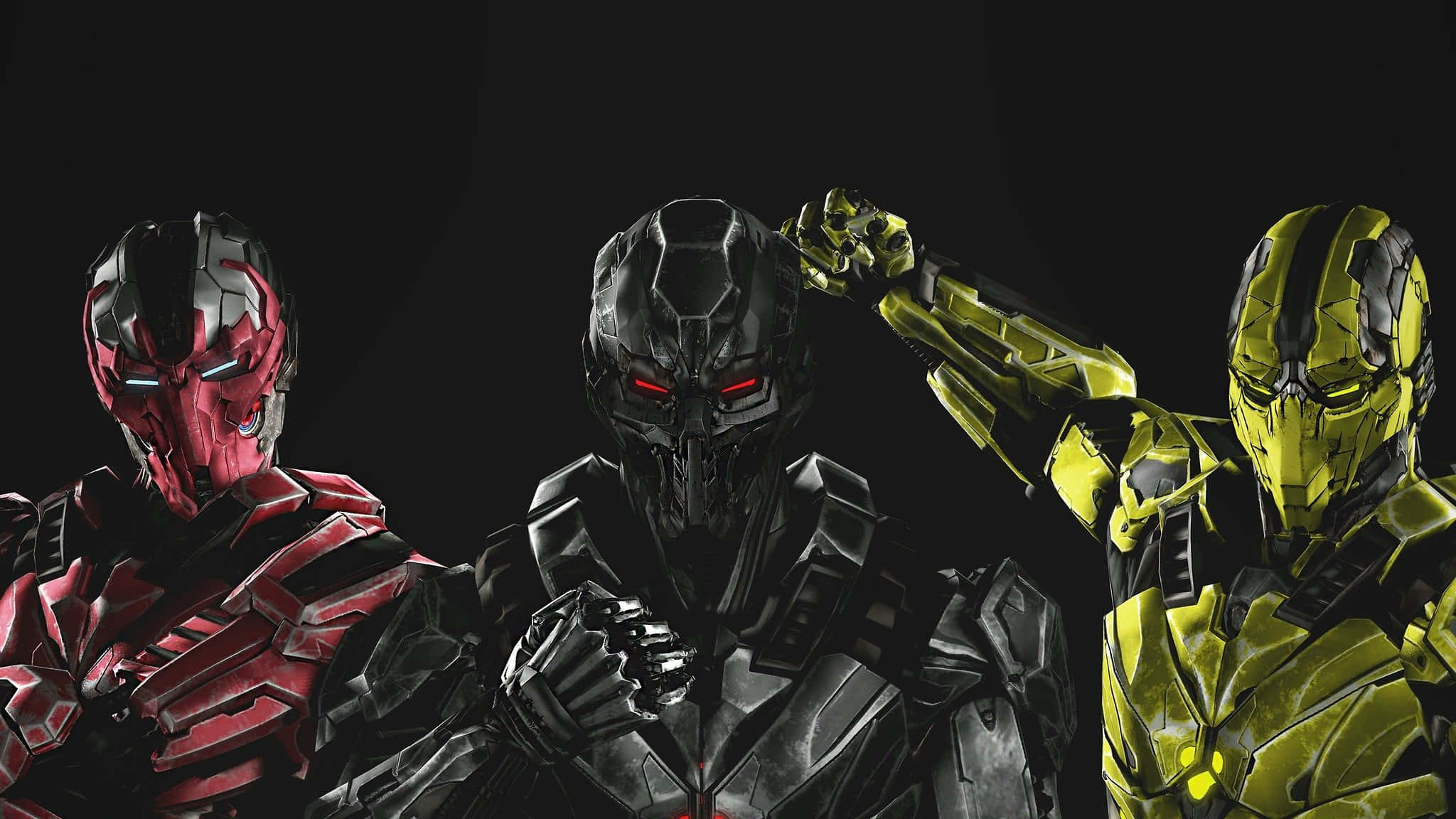 Mortal Kombat Triborg 桌布 壁紙 — 三個裝甲機械戰士，眼睛發出紅光，站在黑暗虛空中，其中一個舉起拳頭擺出威脅姿勢。