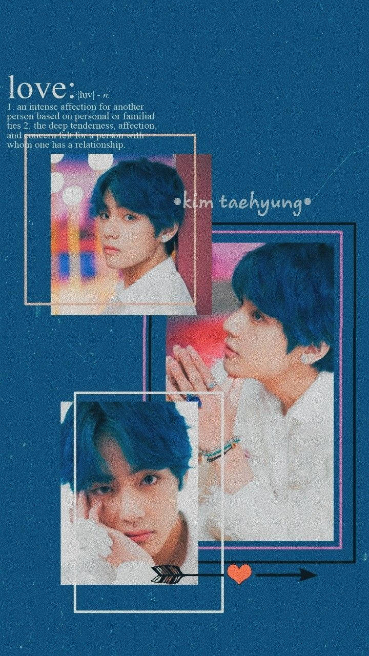 bts iPhone 桌布 壁紙 — 三個裱框的金泰亨肖像，背景為帶紋理的藍色，附有愛的定義和心形箭頭。