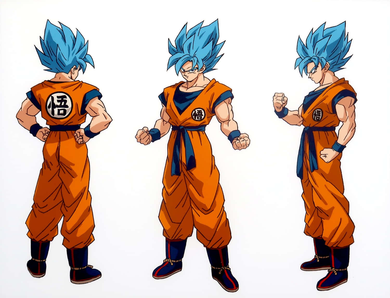 Dragon Ball Characters 桌布 壁紙 — 三個視角展示一位藍髮動漫戰士，身穿橙色道服，帶有漢字標誌，在白色背景前自信擺姿勢。