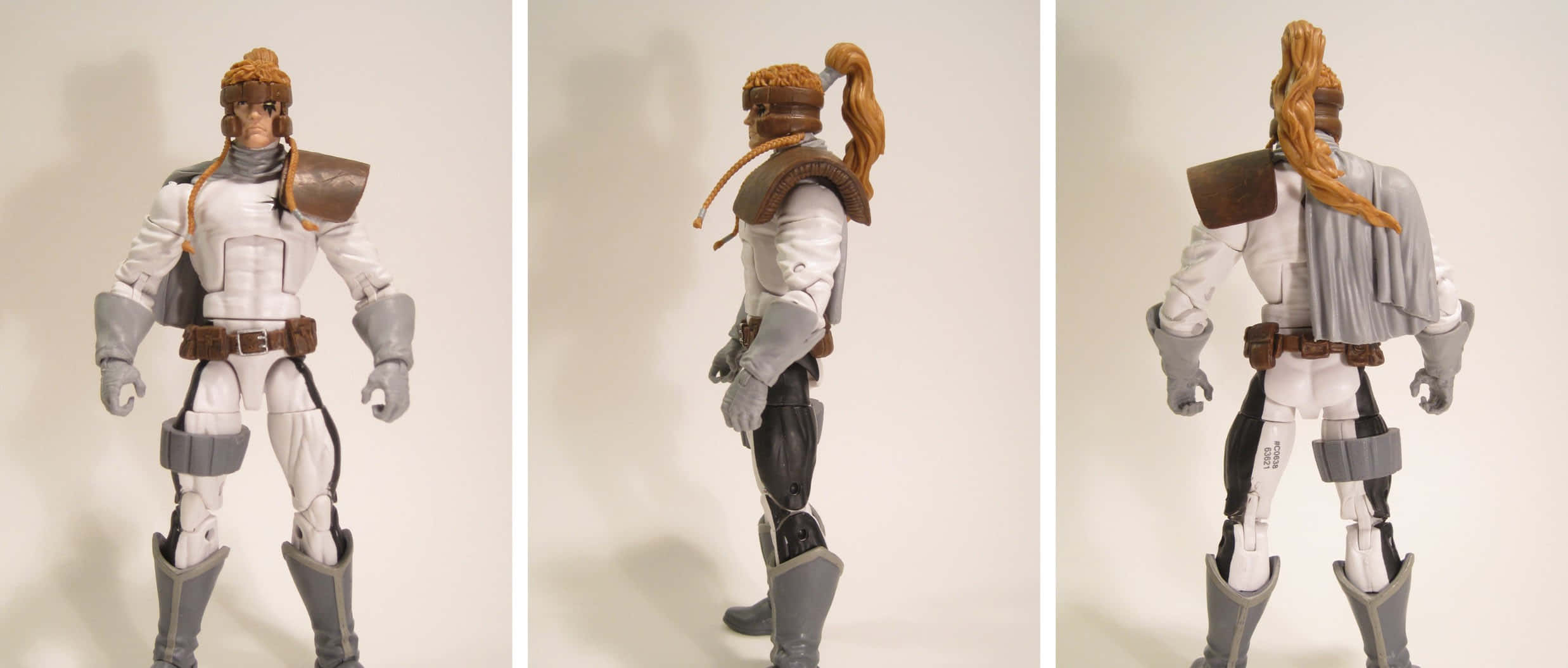 Shatterstar 桌布 壁紙 — 三個視角展示一個白色和灰色裝甲、紮馬尾的動作人偶，背景為純色。