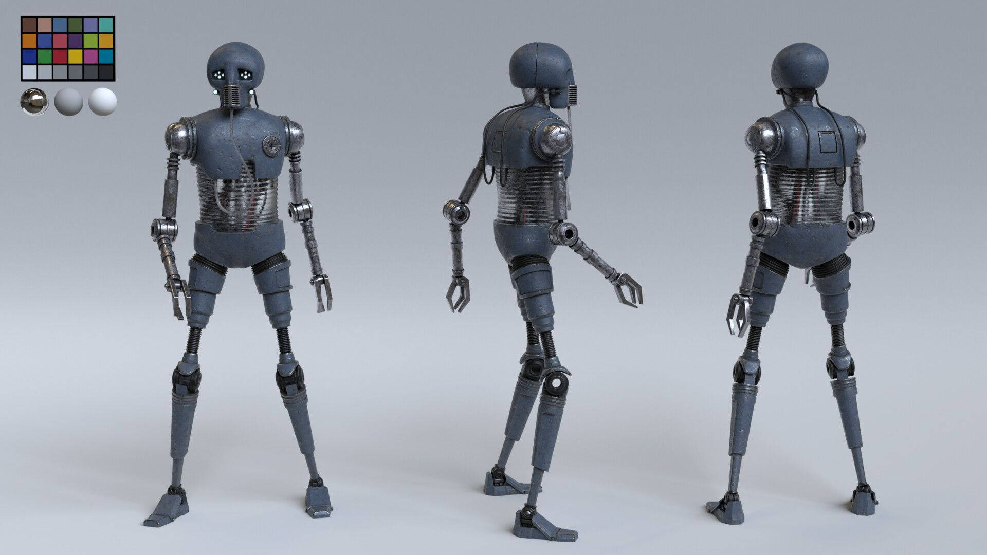 3D 桌布 壁紙 — 三個視角展示一個細節豐富的灰色人形機械人，帶有關節和機械肢體，背景為中性工作室。