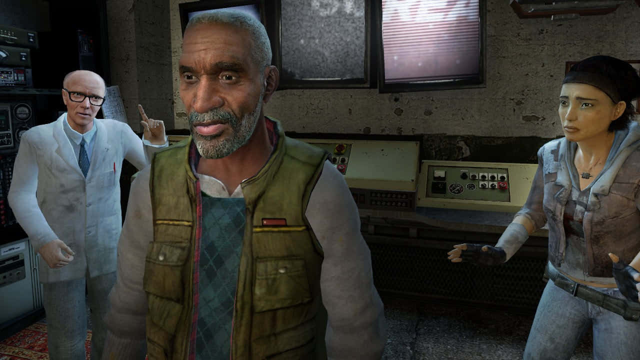Half-life Characters 桌布 壁紙 — 三個角色在一個雜亂、燈光昏暗的控制室，配有復古顯示器和設備。