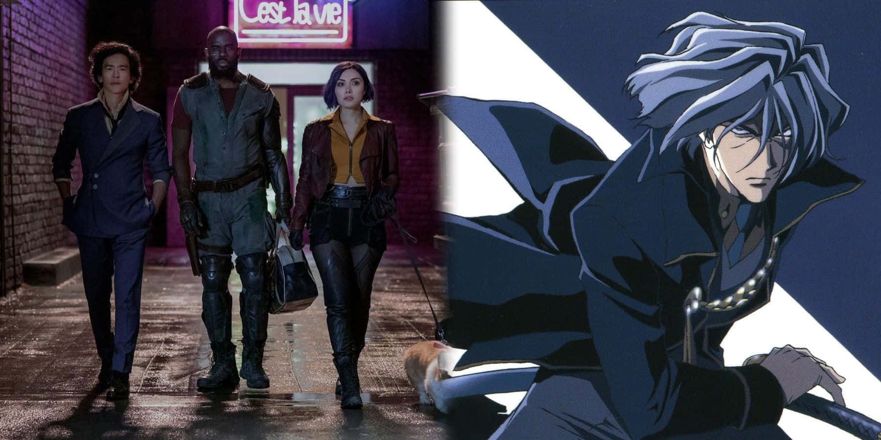 Cowboy Bebop Vicious 桌布 壁紙 — 三個角色在夜晚沿著霓虹燈照亮的小巷行走，旁邊有一位銀髮的動漫戰士。