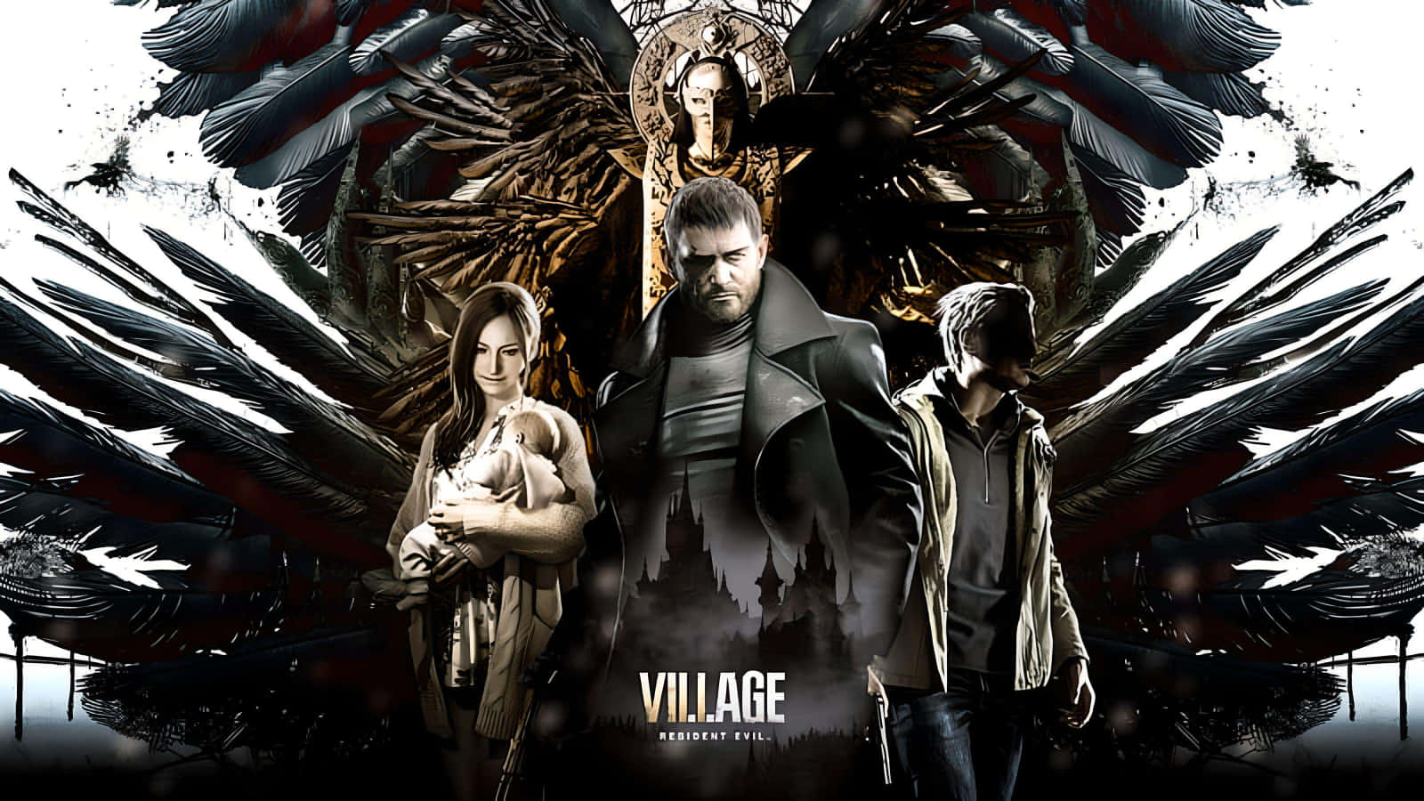 Resident Evil Village 桌布 壁紙 — 三個角色站在一個黑暗哥德式村莊中，面對一個戴著皇冠面孔的怪物般有翼實體。