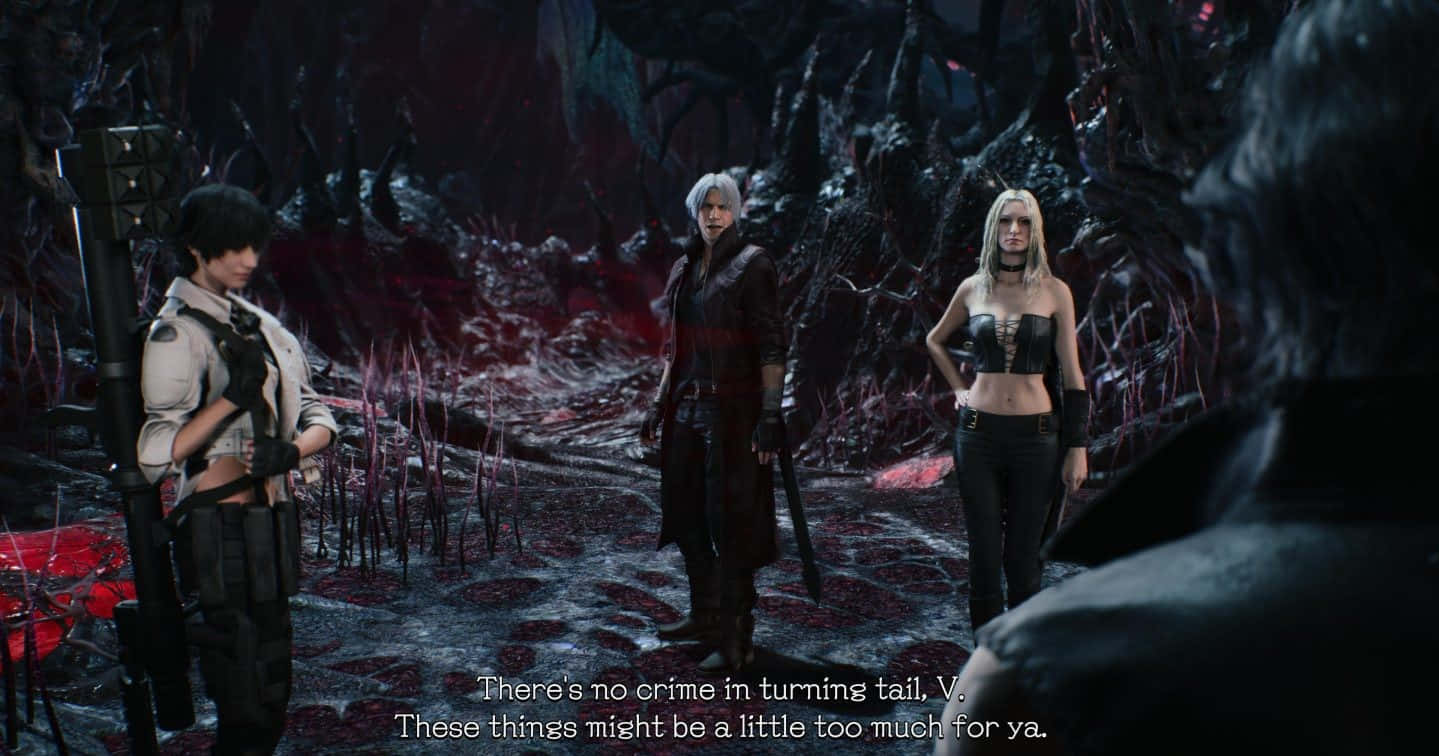 Devil May Cry Characters 桌布 壁紙 — 三個角色站在陰暗詭異的森林中，周圍有紅色發光的植物和扭曲的樹木，光線昏暗。