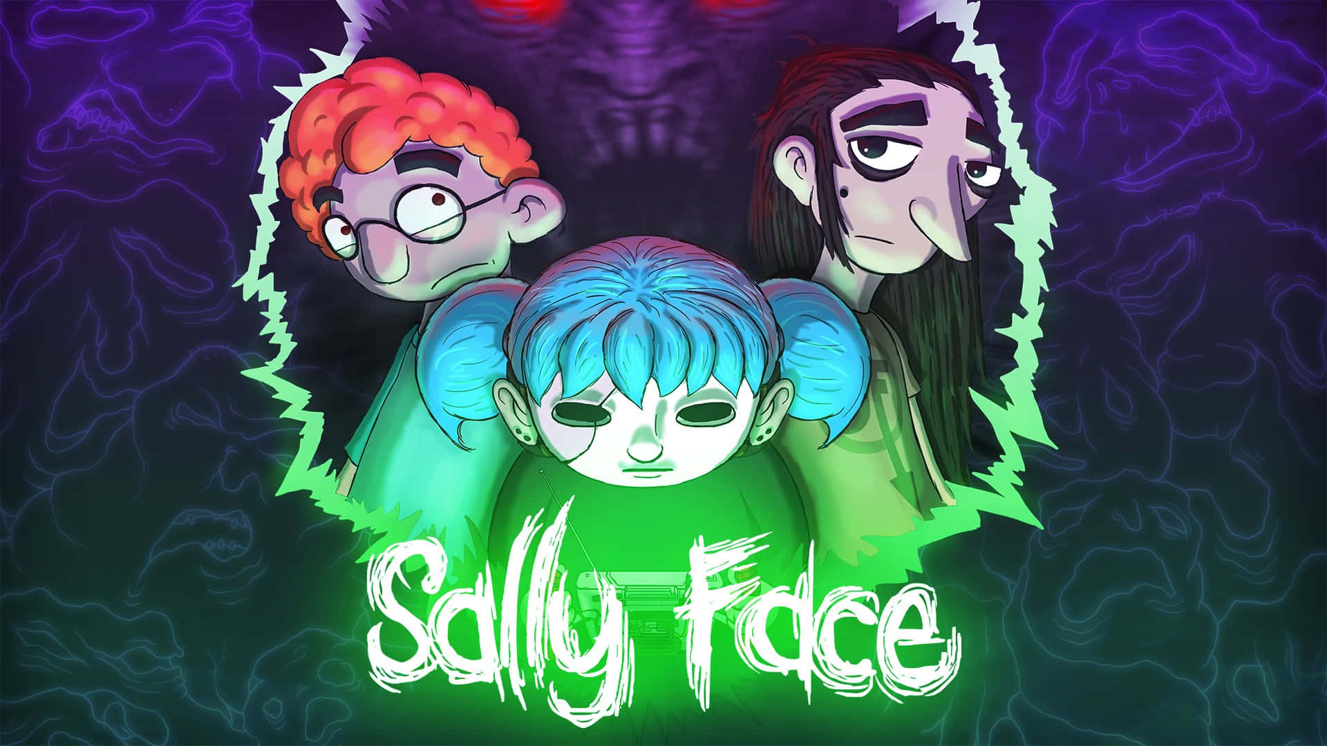 Sally Face 桌布 壁紙 — 三個詭異的卡通角色，眼睛發光，頭髮帶有霓虹色彩，從深紫色和綠色旋轉的背景中浮現，標題為Sally Face。