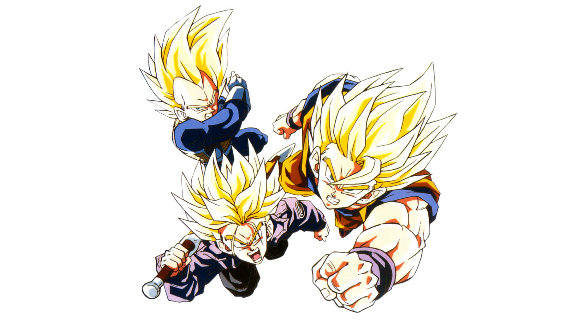 Vegeta And Trunks 桌布 壁紙 — 三個超級撒亞人動畫角色，以動態戰鬥姿勢呈現，擁有尖刺金色頭髮和強烈表情。