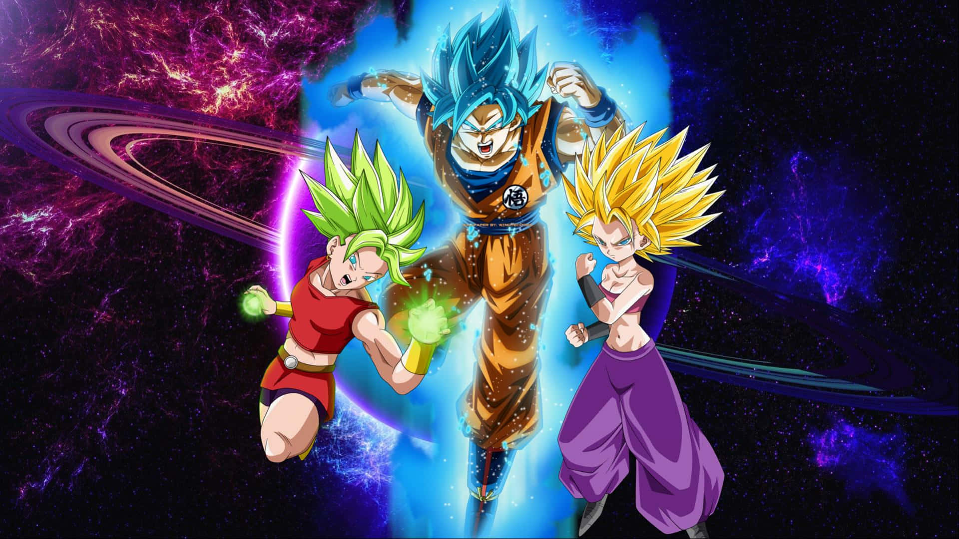 Dragon Ball Super Universe 6 桌布 壁紙 — 三個超級撒亞人角色在旋轉的紫色和藍色星雲以及發光行星的宇宙背景下散發著能量。