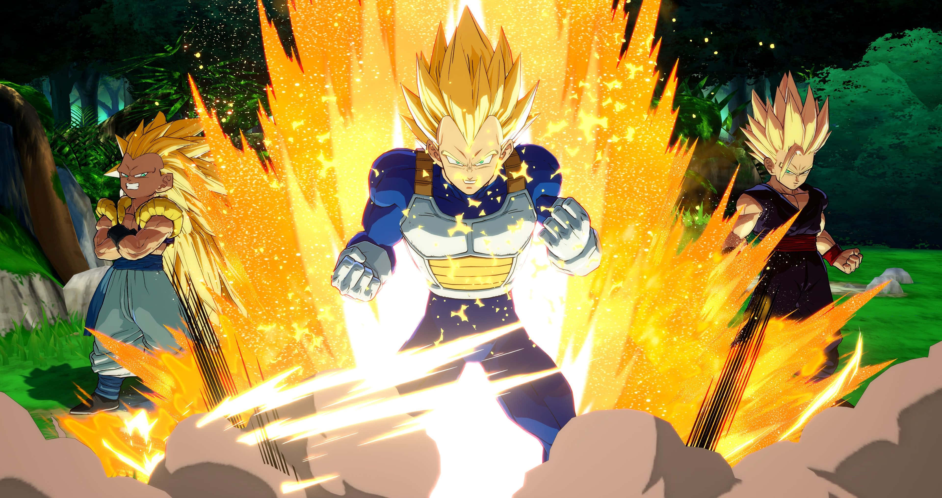 Dragon Ball Fighterz 桌布 壁紙 — 三個超級撒亞人角色在森林空地中爆發金色能量，拳頭緊握，發出強烈光芒。
