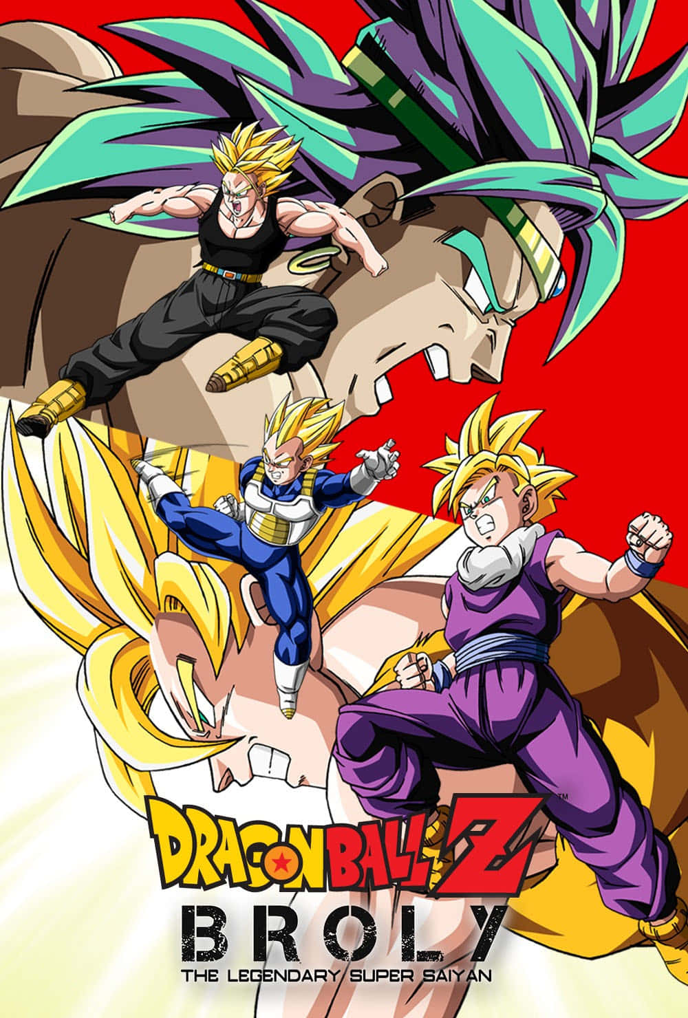 Dbz Movies 桌布 壁紙 — 三個超級撒亞人角色在熾熱的紅色背景前動態跳躍，並帶有龍珠Z布羅利標題。