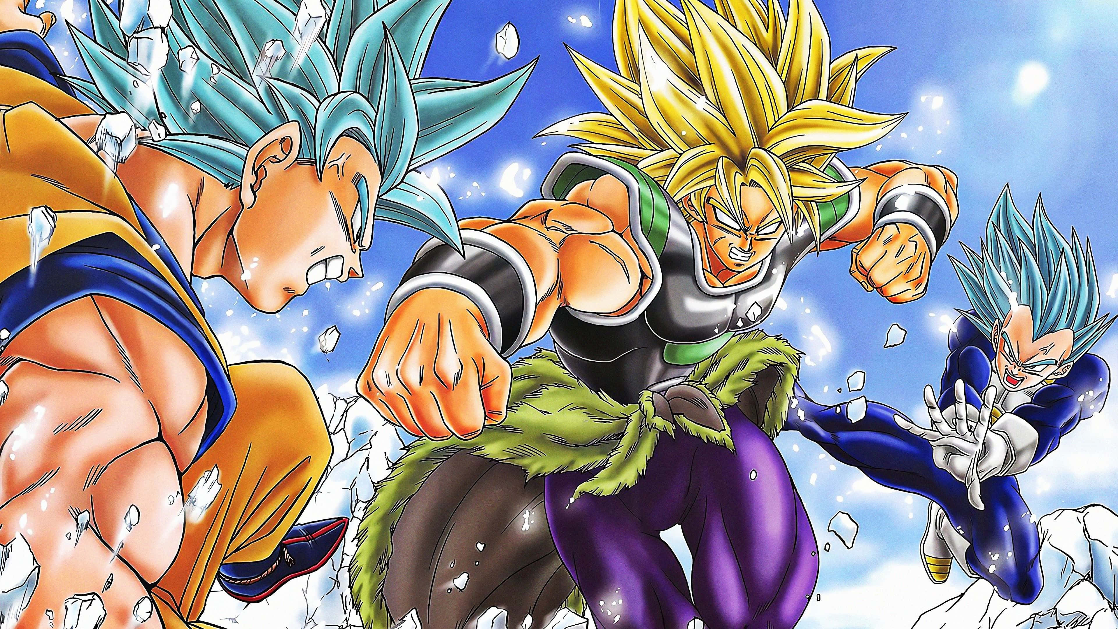 Vegeta And Broly 桌布 壁紙 — 三個超級撒亞人角色在破碎的冰塊和明亮的藍天下進行動態的動畫戰鬥。