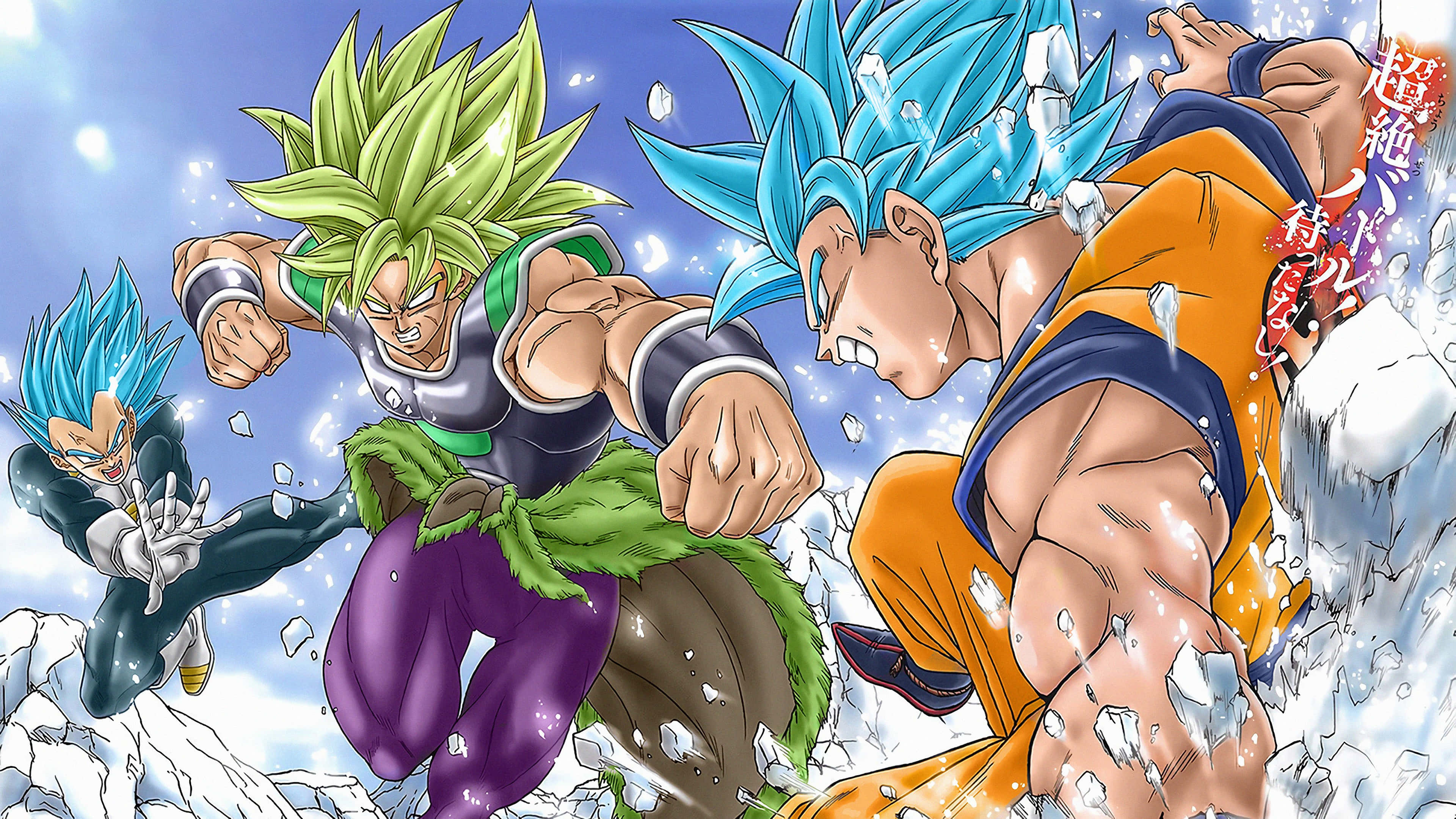 Vegeta And Broly 桌布 壁紙 — 三個超級撒亞人角色在破碎的冰雪中戰鬥，構成動態的動漫動作場景。