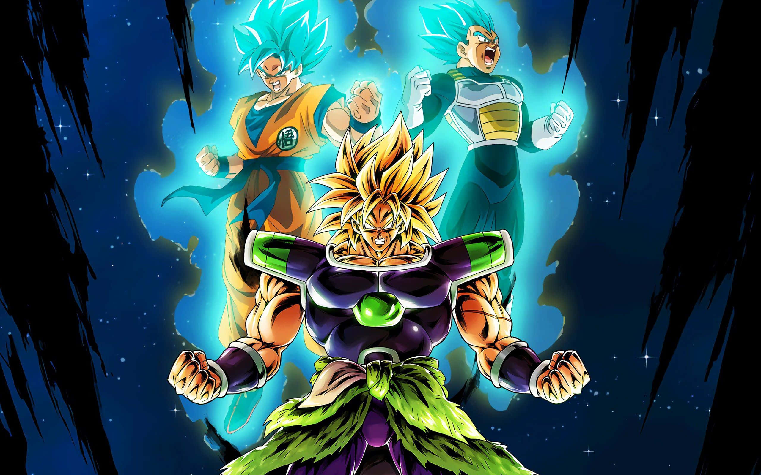 Vegeta Art 桌布 壁紙 — 三個超級撒亞人角色在黑暗鋸齒邊框環繞的星空宇宙背景下散發力量光芒。