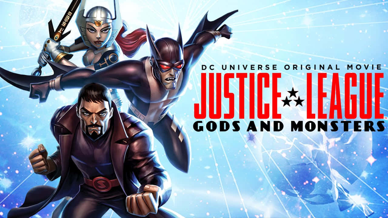 Justice League Gods And Monsters 桌布 壁紙 — 三個超級英雄角色在宇宙藍色背景上以動態姿勢呈現，帶有發光的星星和電影標題文字。