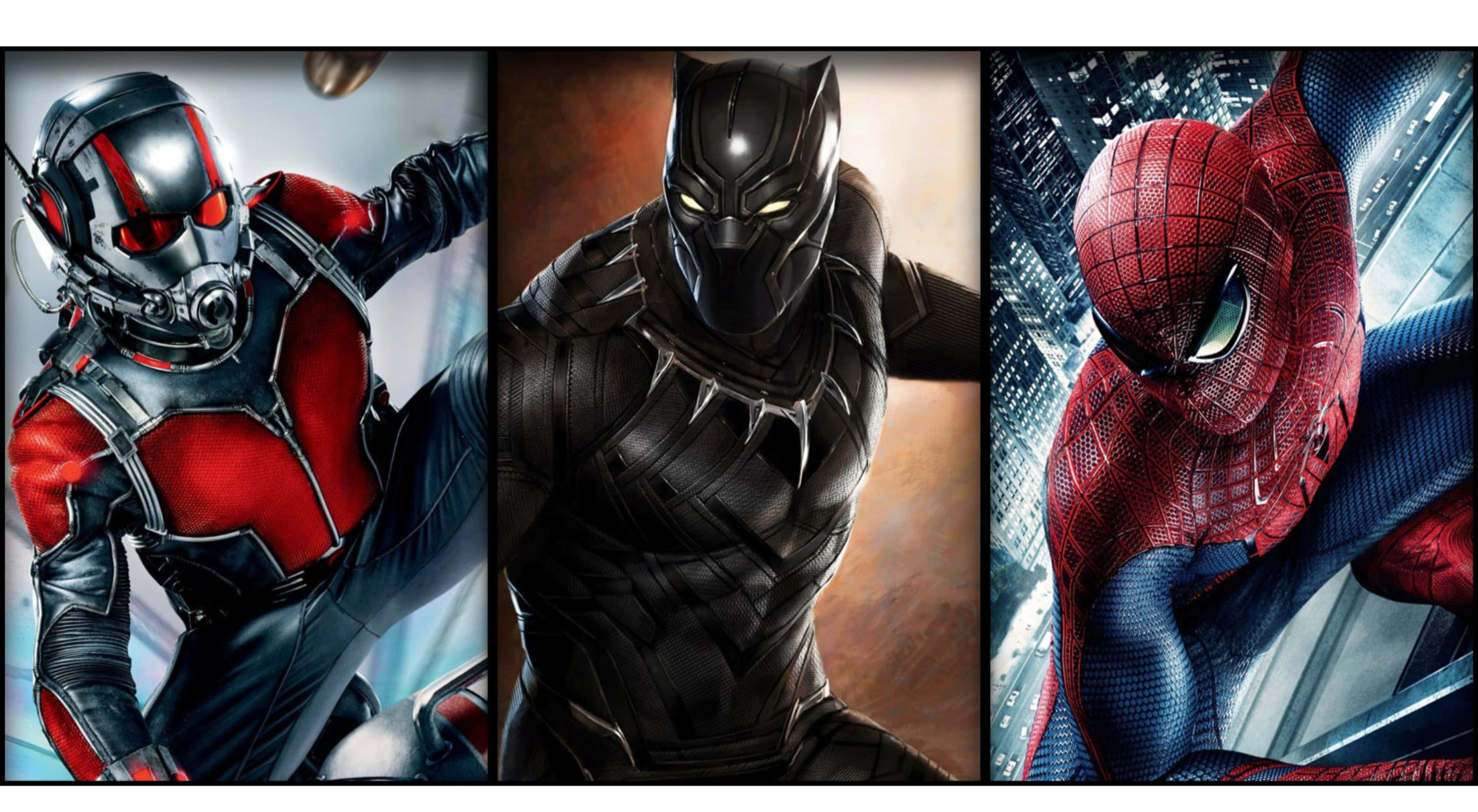 4K Marvel 壁紙 桌布 壁紙 — 三個超級英雄角色蟻人、黑豹和蜘蛛俠在風格化的背景下動態擺姿勢。