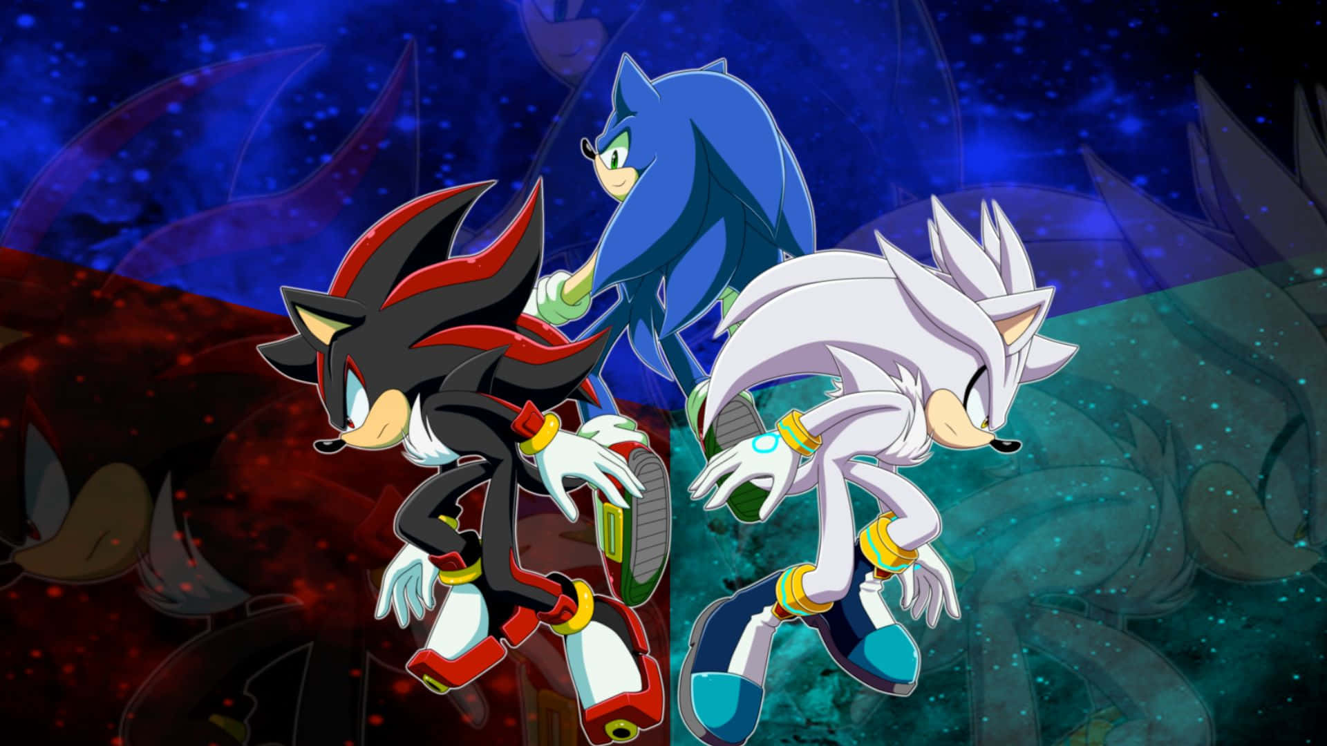 Sonic And Silver 桌布 壁紙 — 三個超音鼠角色在旋轉的紅色、藍色和藍綠色星雲的宇宙背景下擺出動態姿勢。
