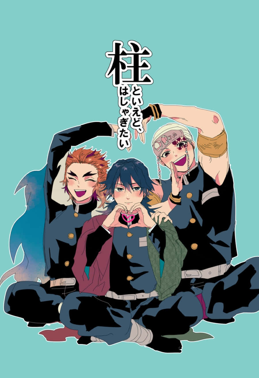 Rengoku And Tengen 桌布 壁紙 — 三個身穿制服嘅動漫角色喺帶有日文文字嘅青綠色背景前開心擺姿勢。