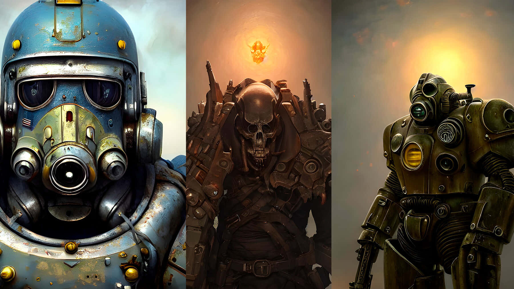 Fallout 4 Power Armor 桌布 壁紙 — 三個身穿反烏托邦裝備的裝甲人物，站在帶有發光太陽和機械細節的末日背景前。