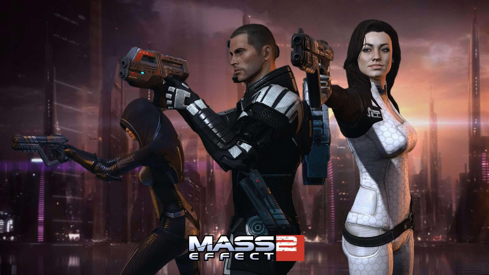 Mass Effect 2 桌布 壁紙 — 三個身穿未來裝備的裝甲角色，在夕陽下閃爍的霓虹城市天際線前手持武器準備就緒。