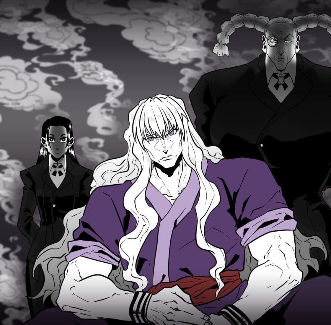Silva Zoldyck 桌布 壁紙 — 三個身穿深色西裝的動漫角色，在煙霧瀰漫的灰色天空下，以戲劇性的燈光和強烈的表情站立。