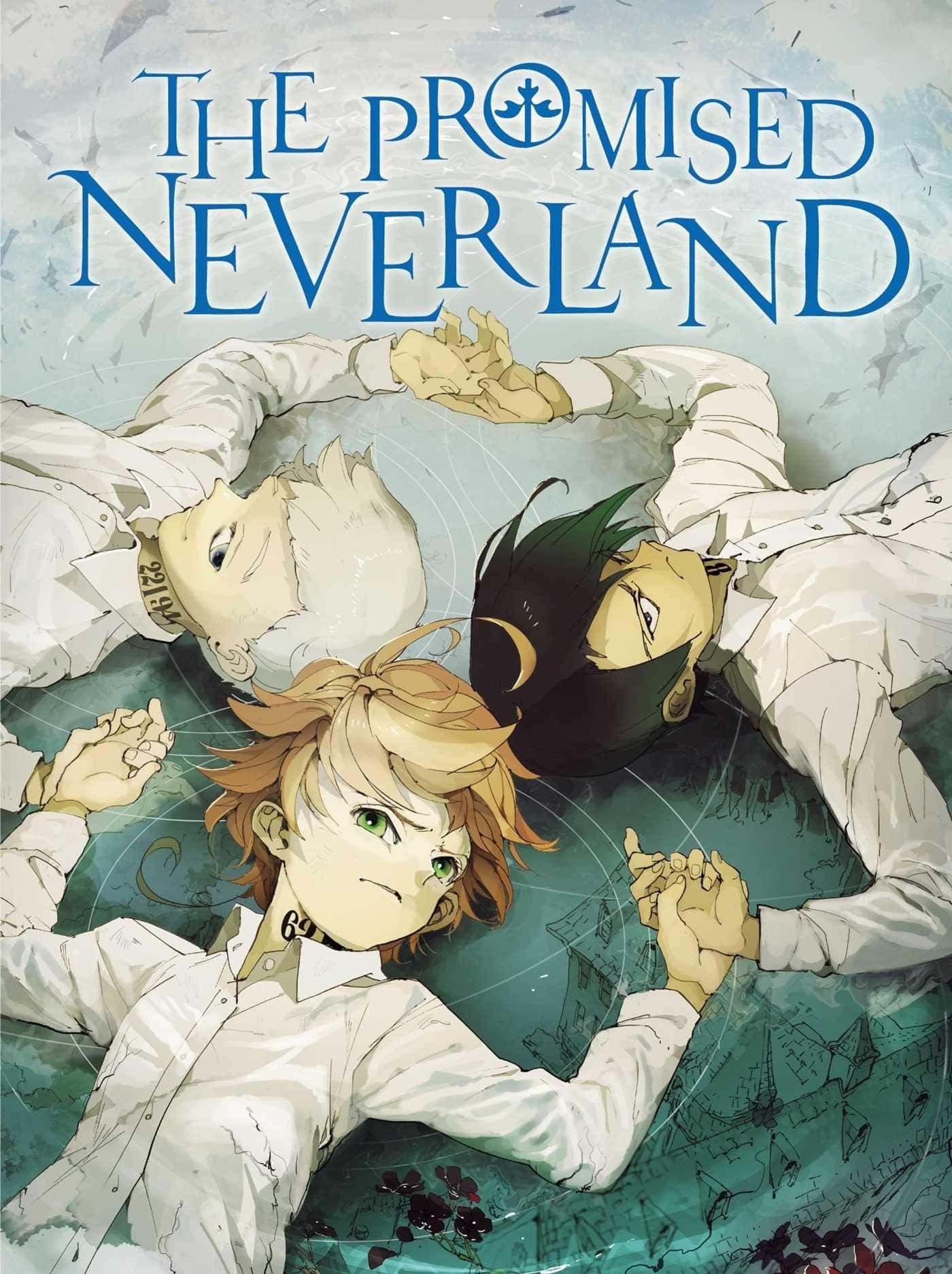 The Promised Neverland Norman 桌布 壁紙 — 三個身穿白色制服嘅動漫角色躺成一個圓圈，手牽手，背景係青綠色同灰色，標題係The Promised Neverland。