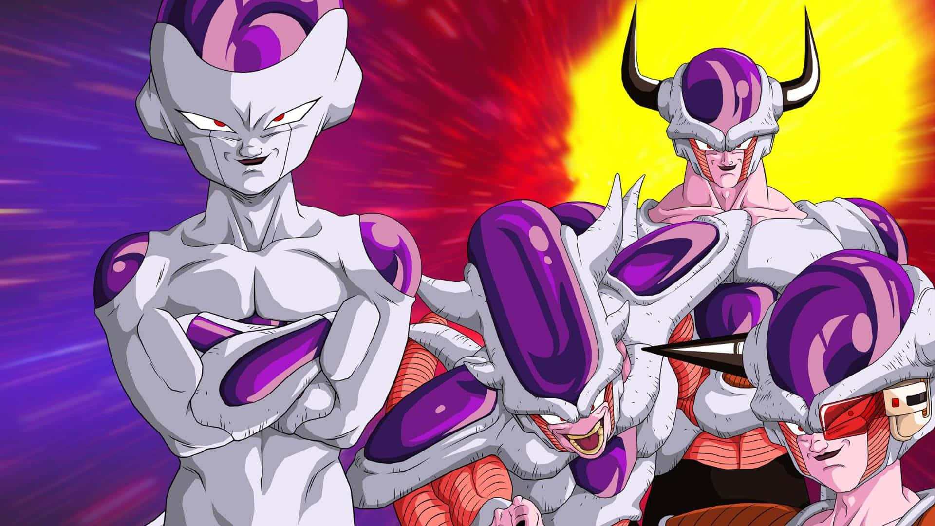 Frieza's Army 桌布 壁紙 — 三個身穿白色和紫色盔甲的威脅性動漫角色，站在火紅和黃色的背景前。