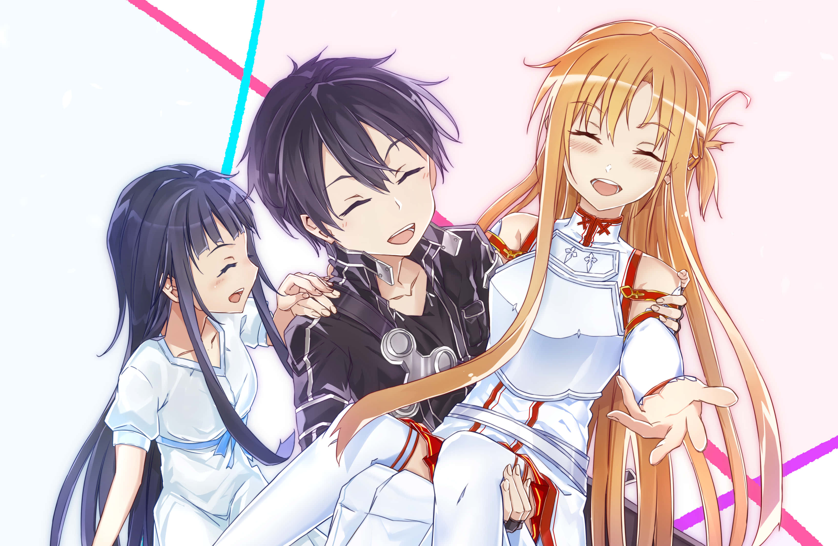 Kazuto Kirigaya 桌布 壁紙 — 三個身穿白色和黑色服裝的動漫角色，在柔和的粉紅色和藍色幾何背景前分享一個歡樂、親密的時刻。