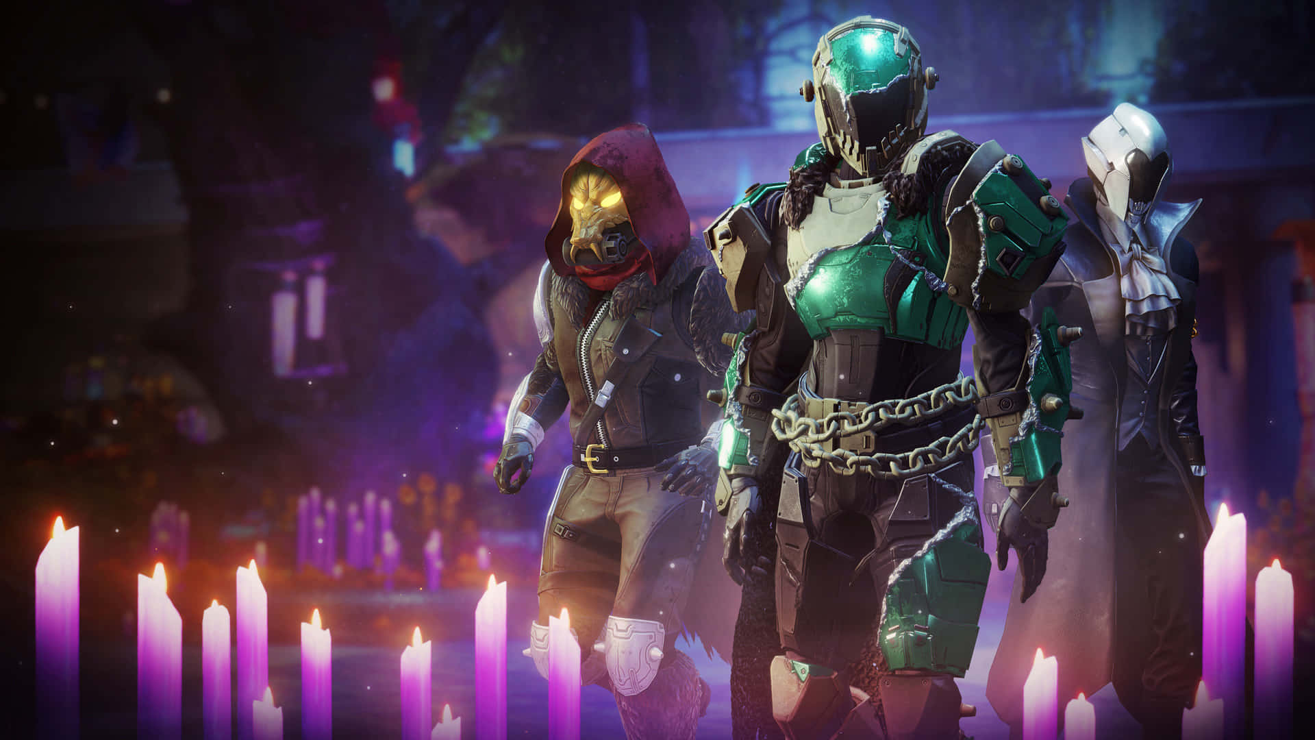 Destiny Characters 桌布 壁紙 — 三個身穿盔甲的人物莊嚴地站在發光的紫色蠟燭之間，處於昏暗神秘的環境中。