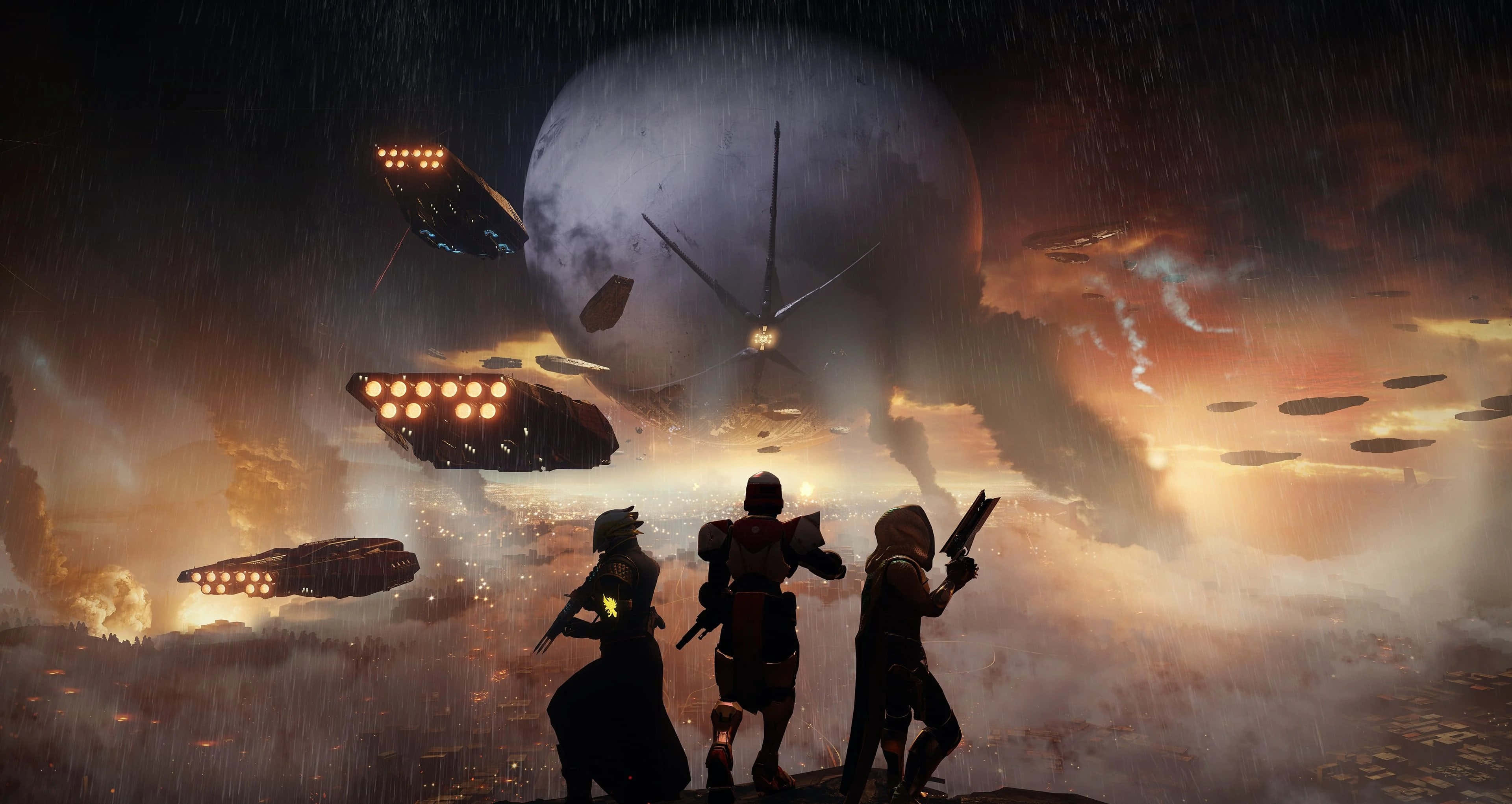 Destiny Characters 桌布 壁紙 — 三個身穿盔甲的身影站在雨中，腳下是巨大的月亮，發光的太空船在熾熱的暴風雨中盤旋。