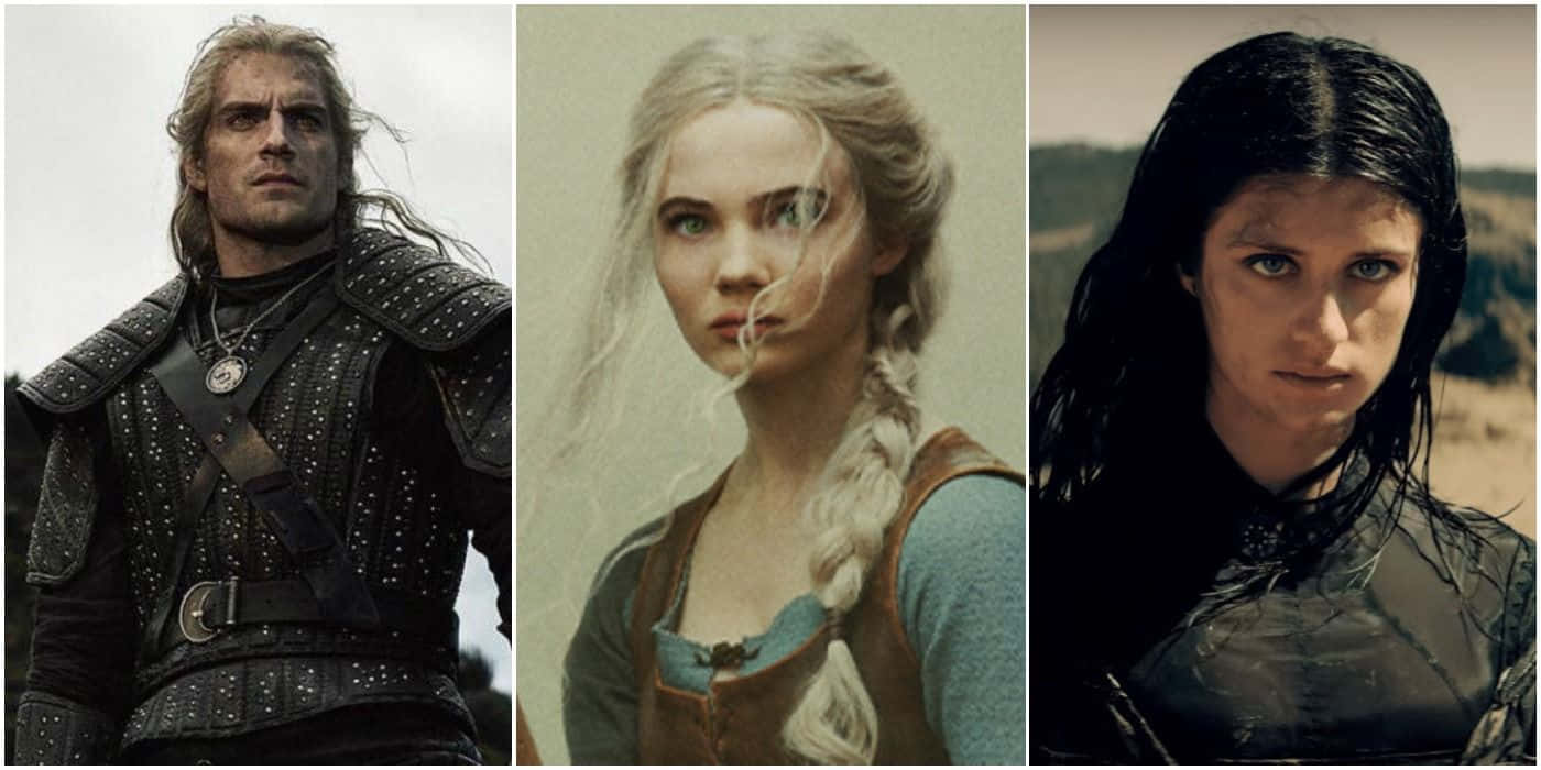 The Witcher Characters 桌布 壁紙 — 三個身穿精緻服裝的奇幻角色站在三聯畫肖像中，表情強烈，光線自然。
