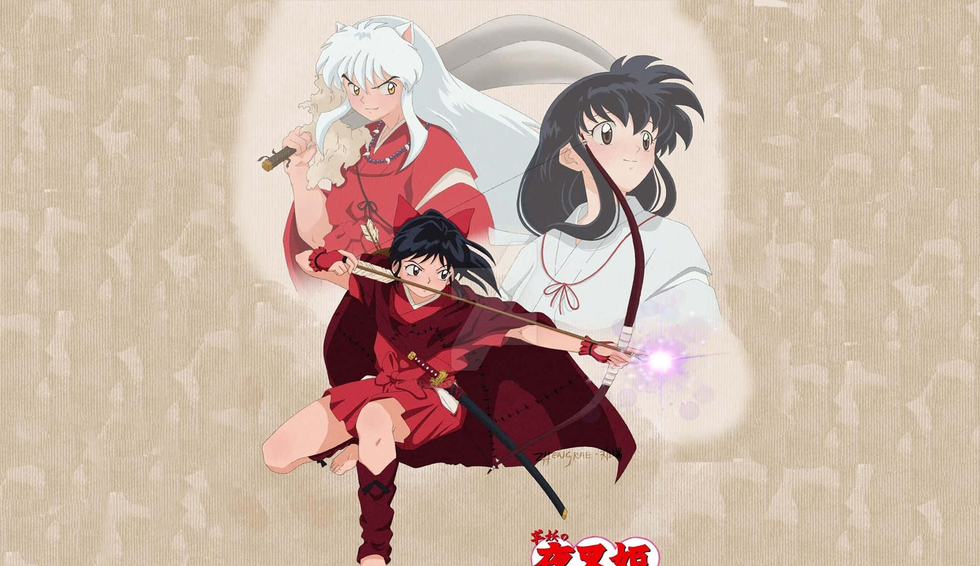 Yashahime 桌布 壁紙 — 三個身穿紅白服裝的動漫角色在帶有紋理的米色背景上，配合發光效果動態擺姿勢。