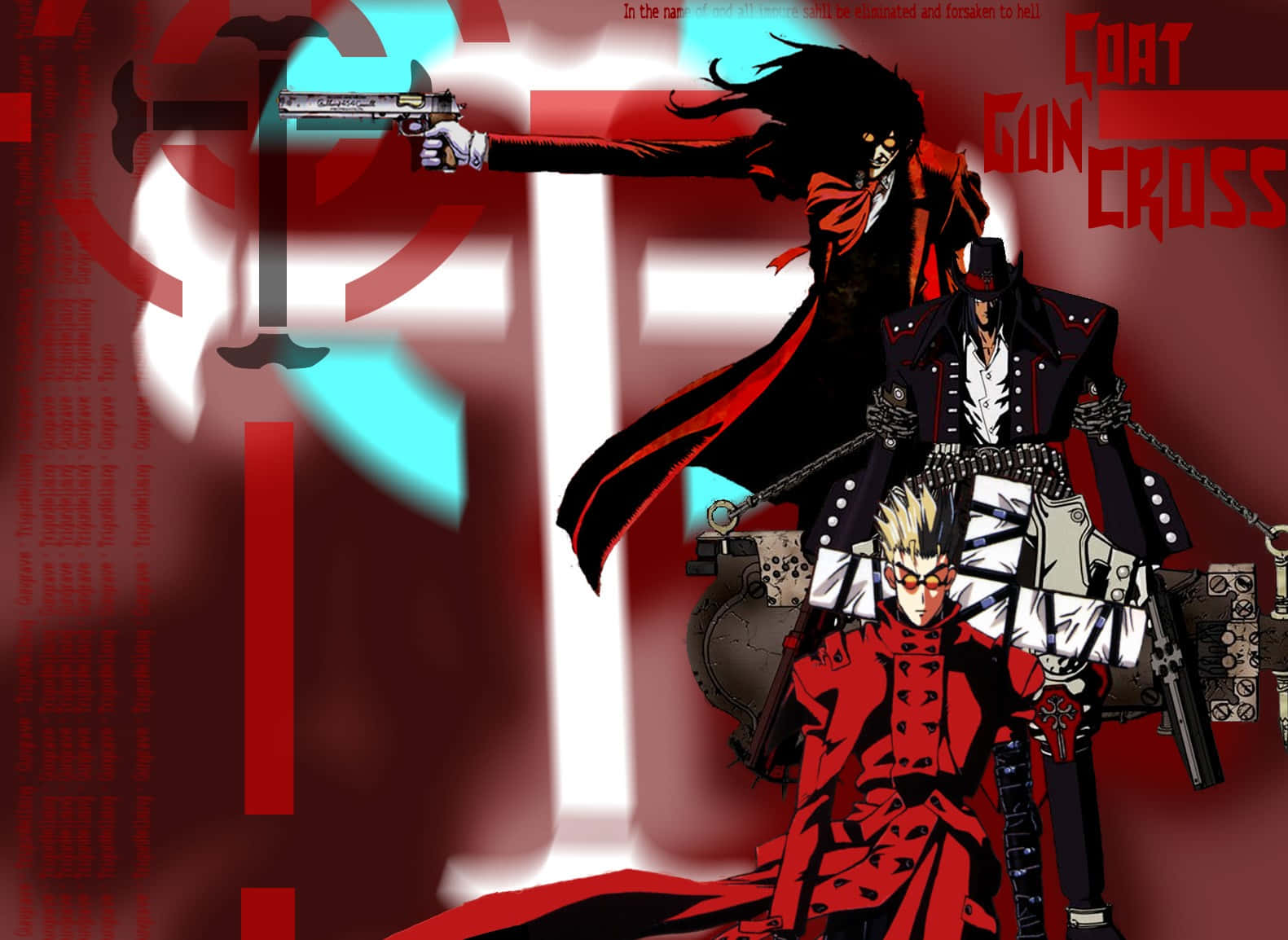 Gungrave 桌布 壁紙 — 三個身穿紅色和黑色服裝的動漫角色，在風格化的紅色和藍綠色背景前，戲劇性地持槍擺姿勢。