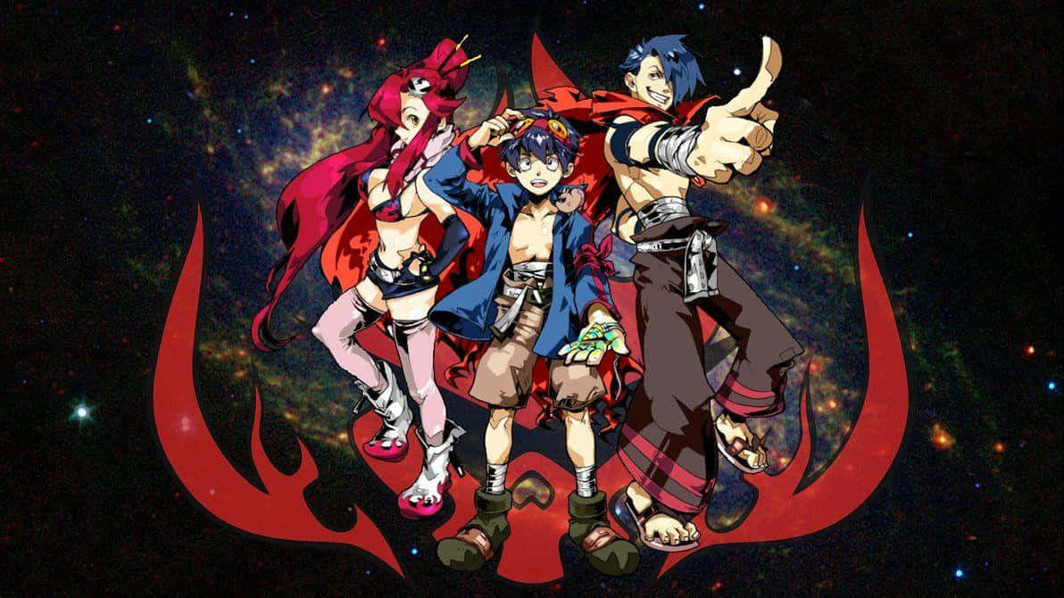 Gurren Lagann Simon 桌布 壁紙 — 三個身穿紅色斗篷的動漫角色，在星空宇宙背景下，展開火紅翅膀，擺出動感姿勢。