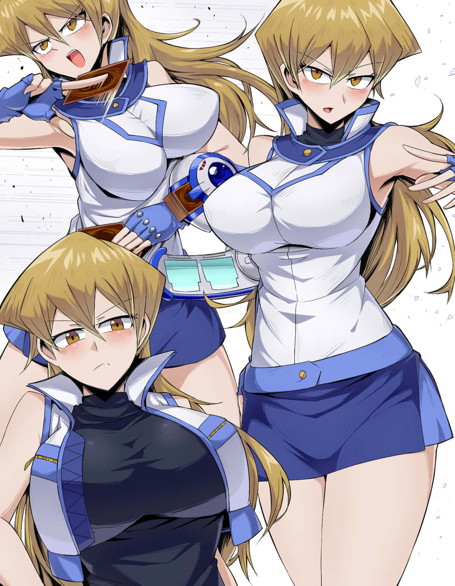 Alexis Rhodes 桌布 壁紙 — 三個身穿藍白制服嘅動漫女仔喺純色背景前以堅定表情動感擺甫士。