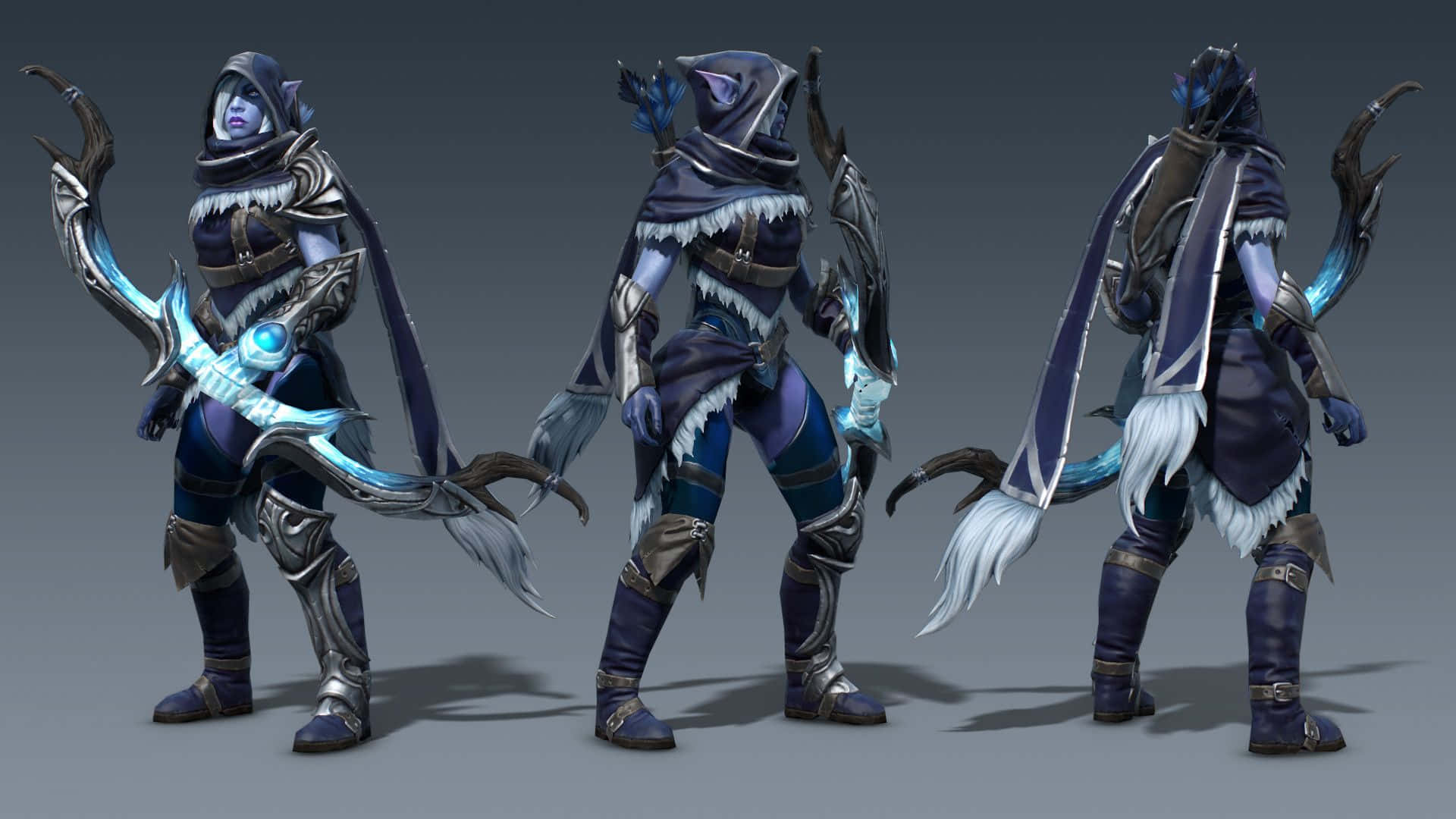 Drow Ranger 桌布 壁紙 — 三個身穿裝甲、手持發光藍色武器、帶白色毛邊的奇幻角色在攝影棚燈光下擺姿勢。