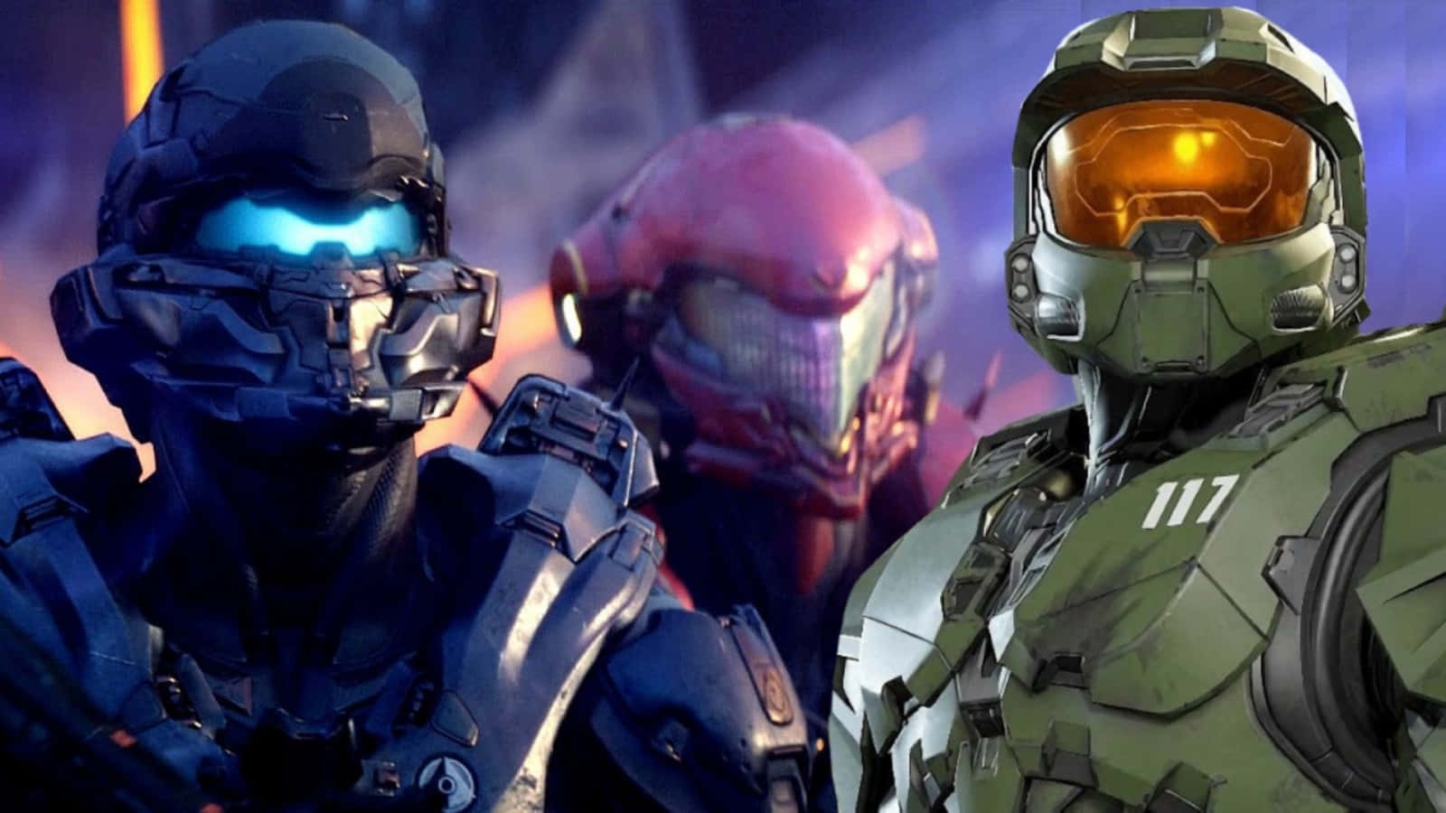 Halo Spartans 桌布 壁紙 — 三個身穿裝甲的Halo角色，帶著發光面罩和未來風格的盔甲，站在一個戲劇性的科幻場景中。