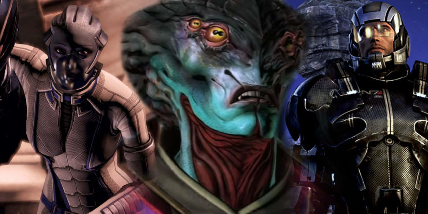 Mass Effect Javik 桌布 壁紙 — 三個身穿裝甲的外星角色，具有獨特的面部特徵，站在一個戲劇性的科幻場景中。